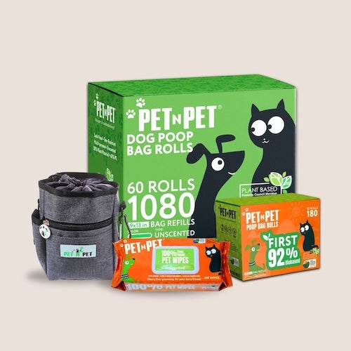 Pet N Pet bundle on green background with 1080-count poop bag rolls, 92% biobased 180-count box, gray poop bag holder, and 100-count unscented 100% plant-based pet wipes. Designed for eco-conscious pet cleanup and convenience.