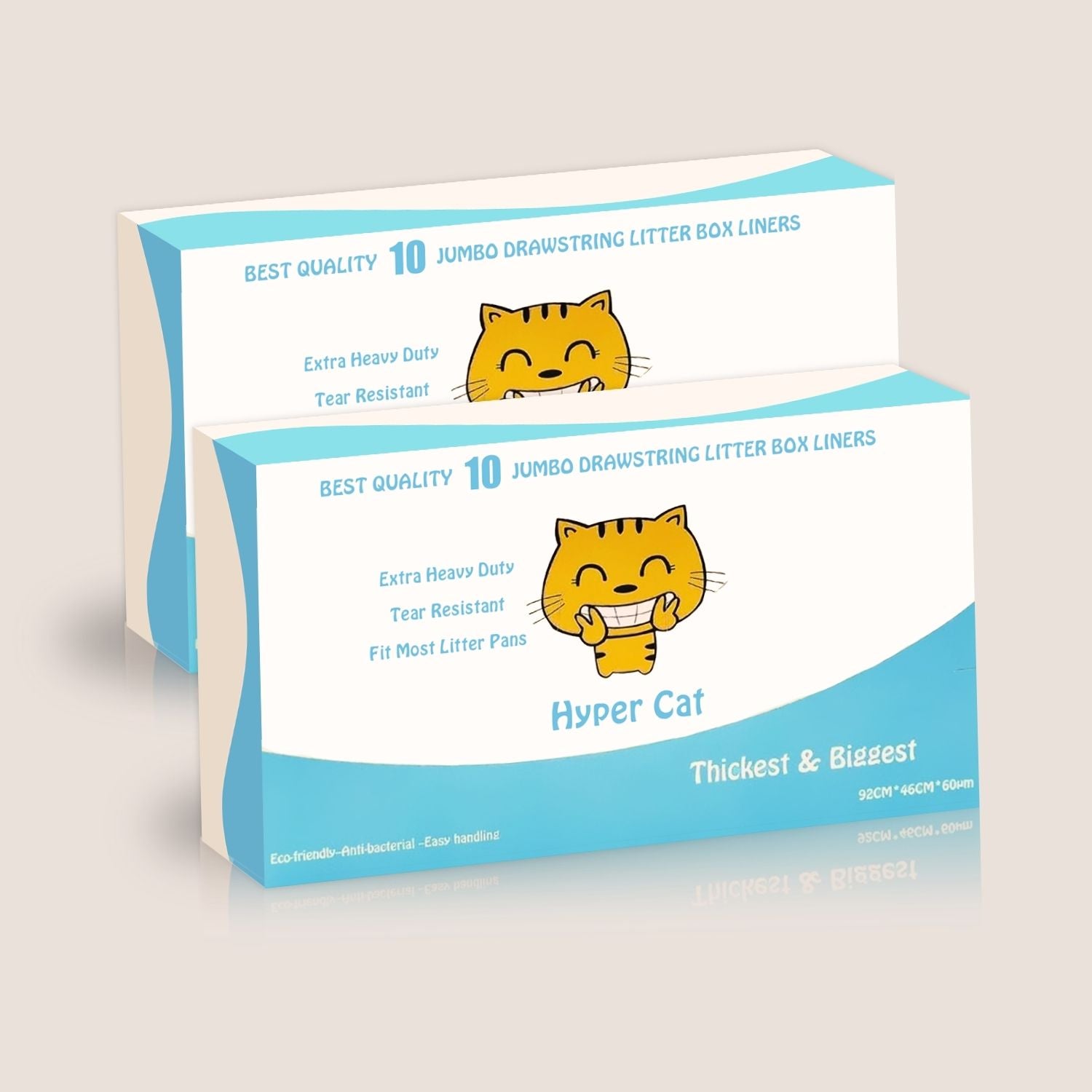 Packaging of Hyper Cat litter box liners with cartoon cat illustrations on a light gray background