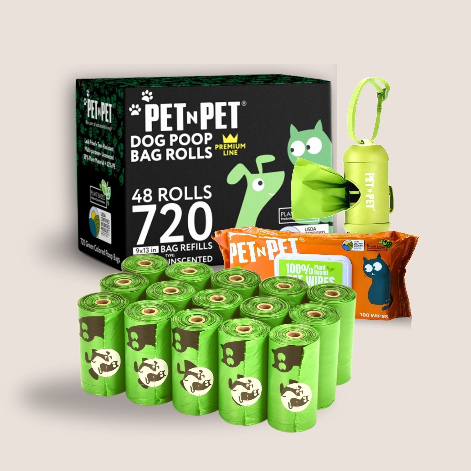 PetNPet dog poop bag rolls and accessories on a light beige background