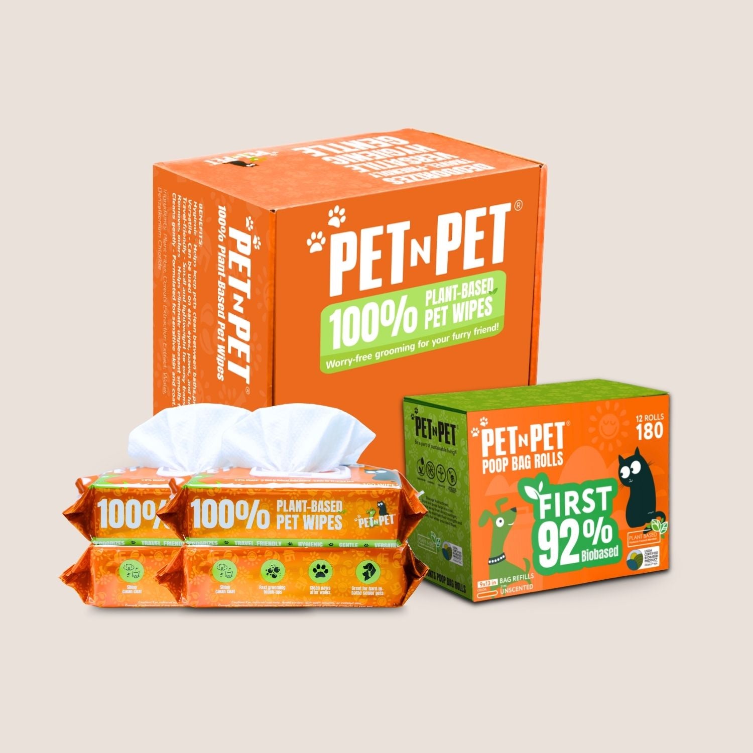 Pet care products including plant-based pet wipes and poop bag rolls from PET N PET on a beige background.