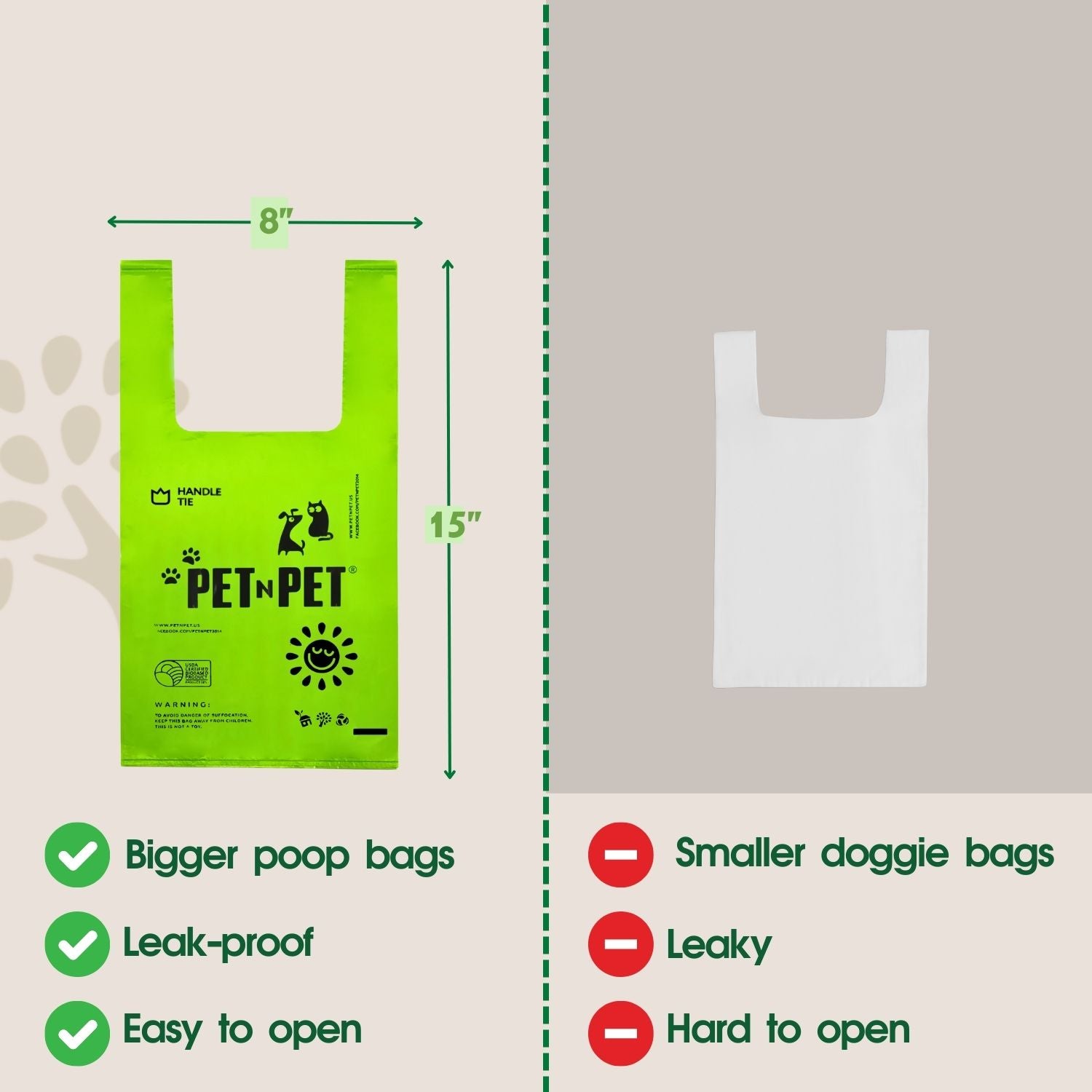 Comparison of green pet poop bags and white doggie bags with measurements and features listed.