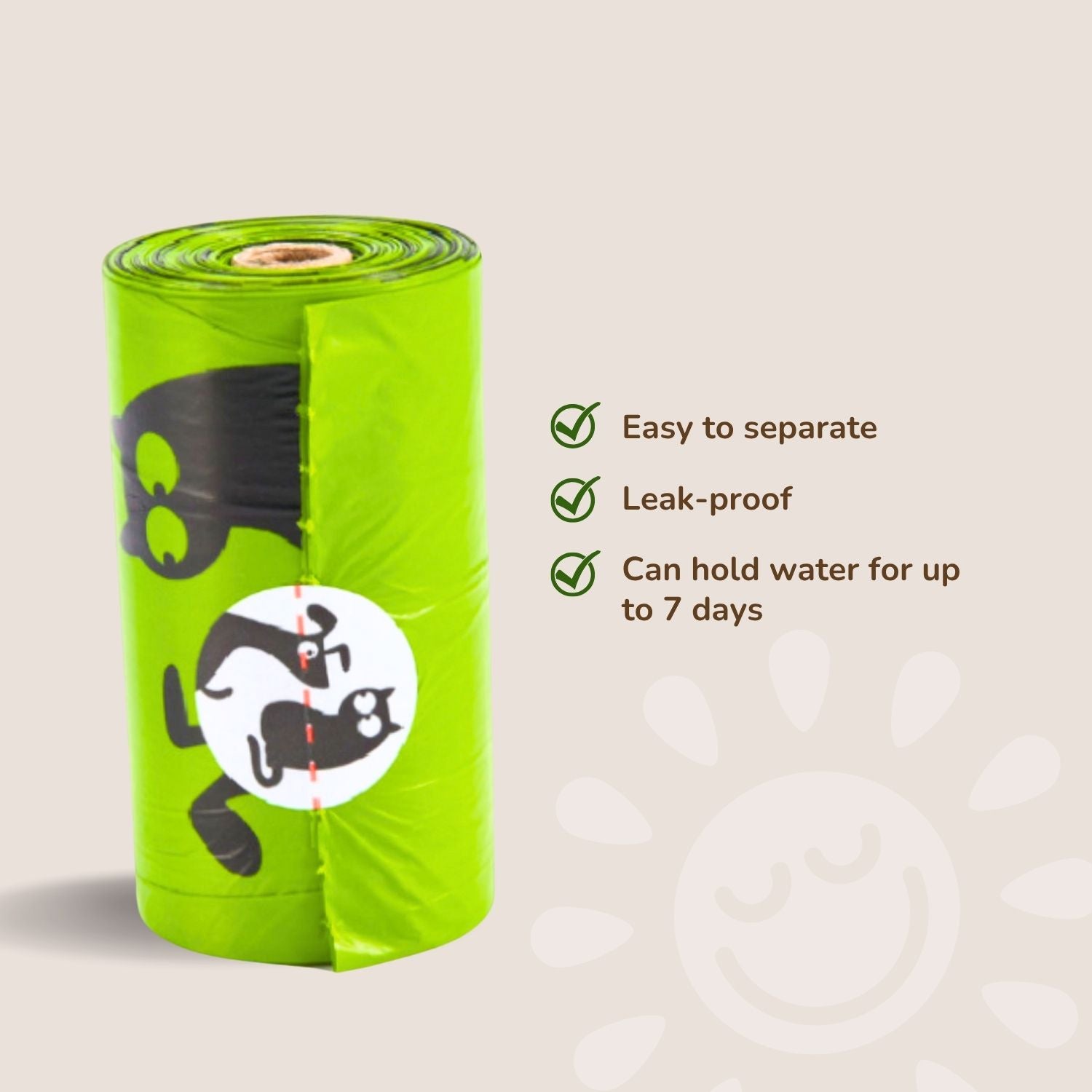 Green roll of pet waste bags with icons and text on a beige background