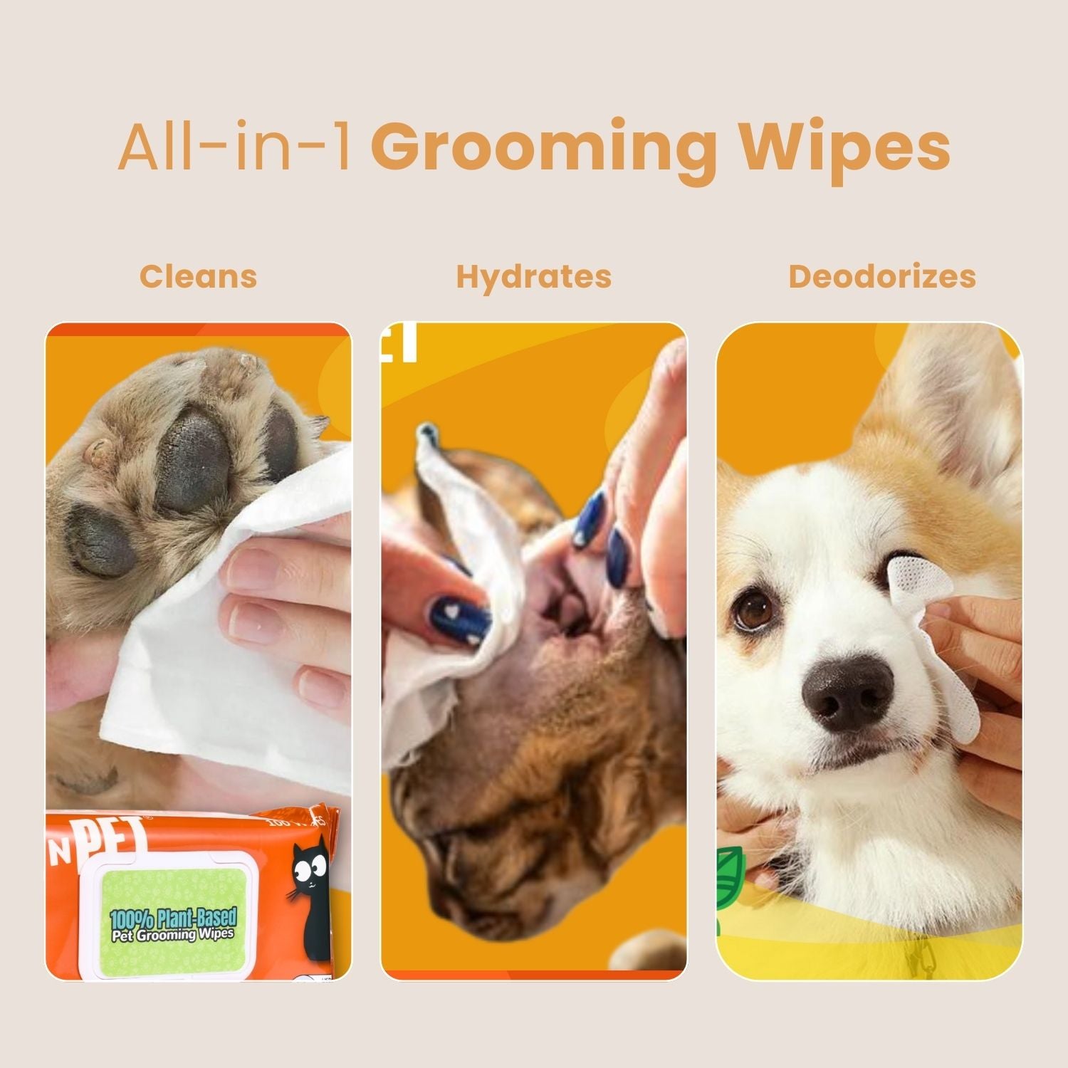 Promotional image of all-in-1 grooming wipes with text indicating their benefits.