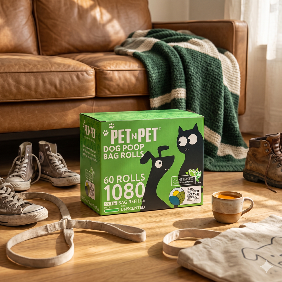 Box of Pet-N-Pet dog poop bag refills on a wooden floor with shoes and a cup in the background.