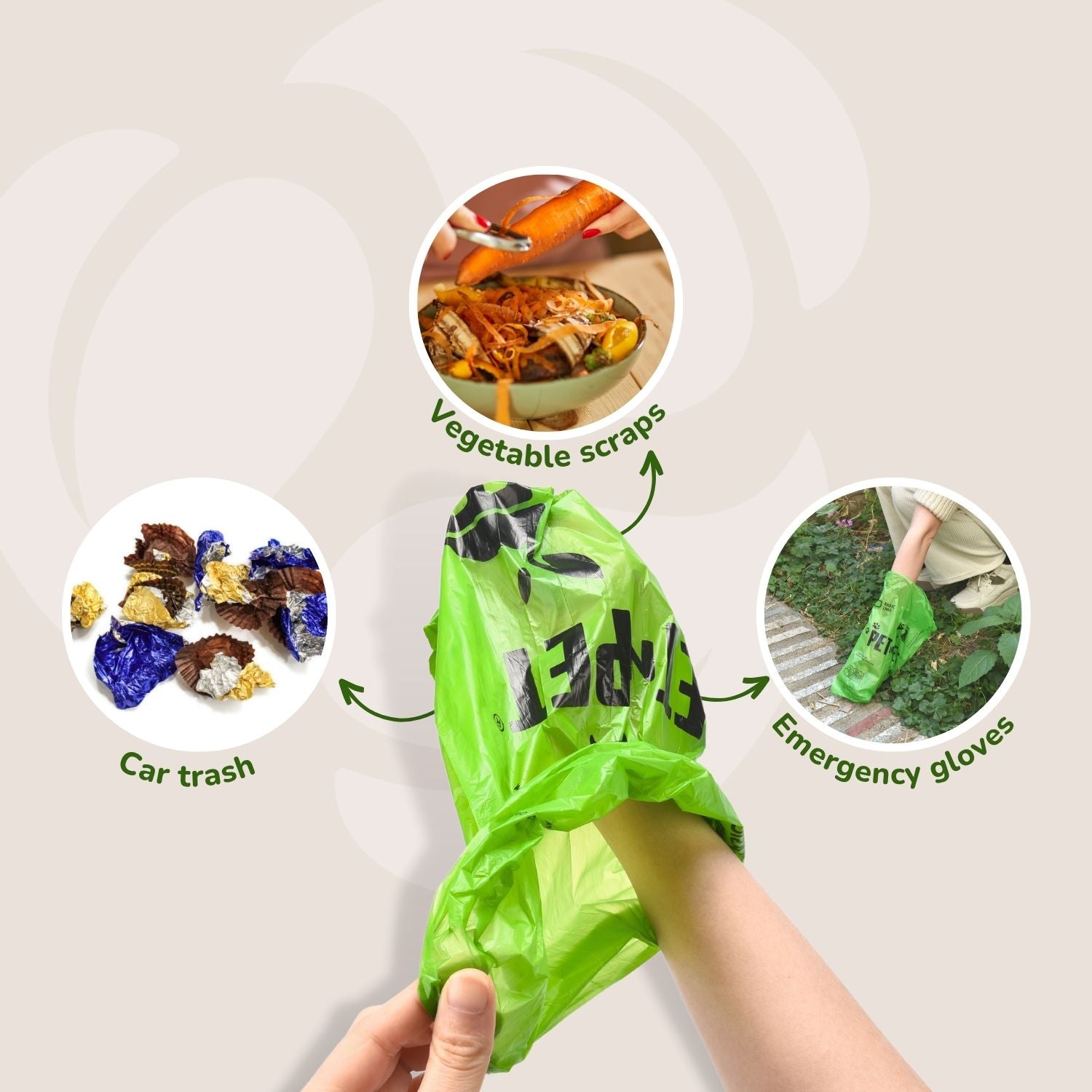 Green trash bag with text labels for vegetable scraps, car trash, and emergency gloves on a white background.