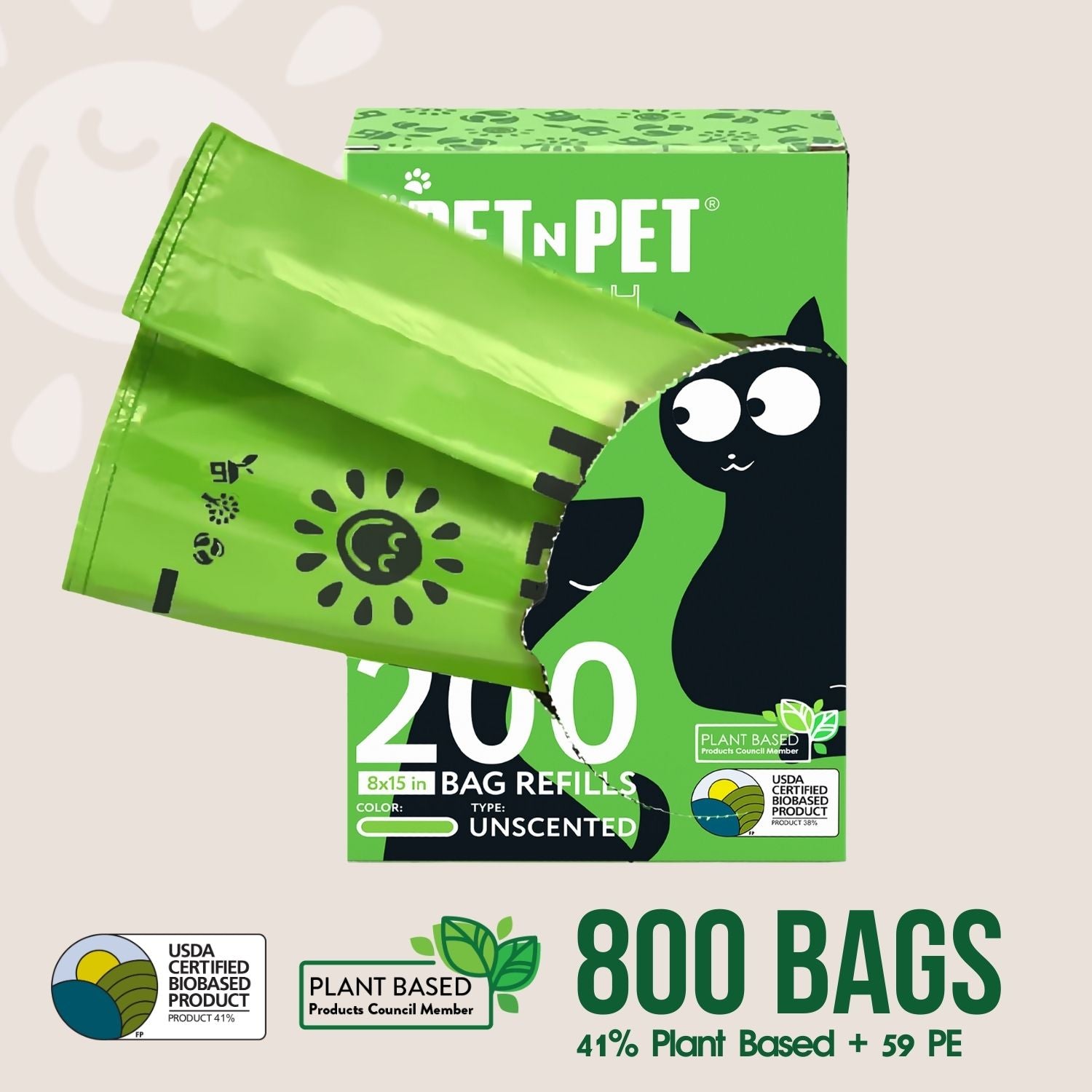 Green bag refills with 'PET N PET' packaging on a beige background