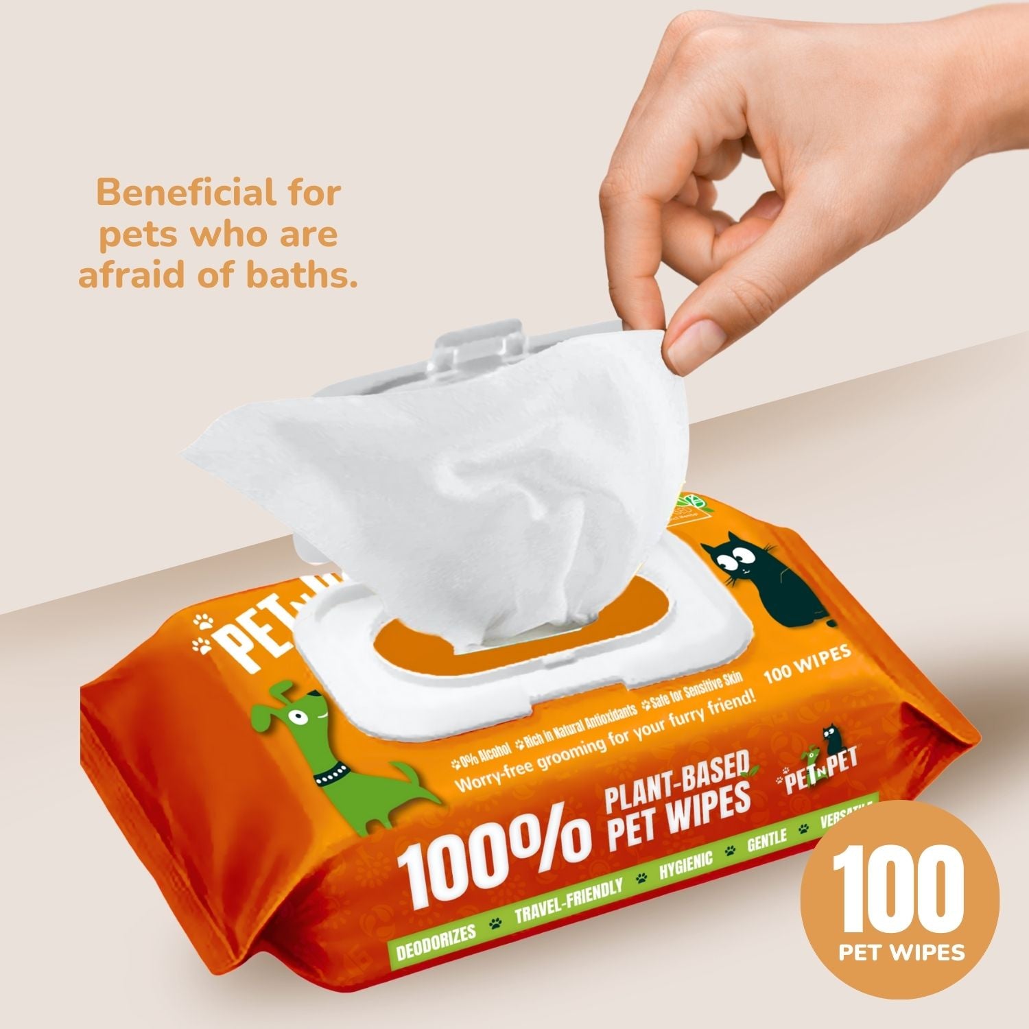 100% plant-based pet wipes packaging with a hand pulling out a wipe.
