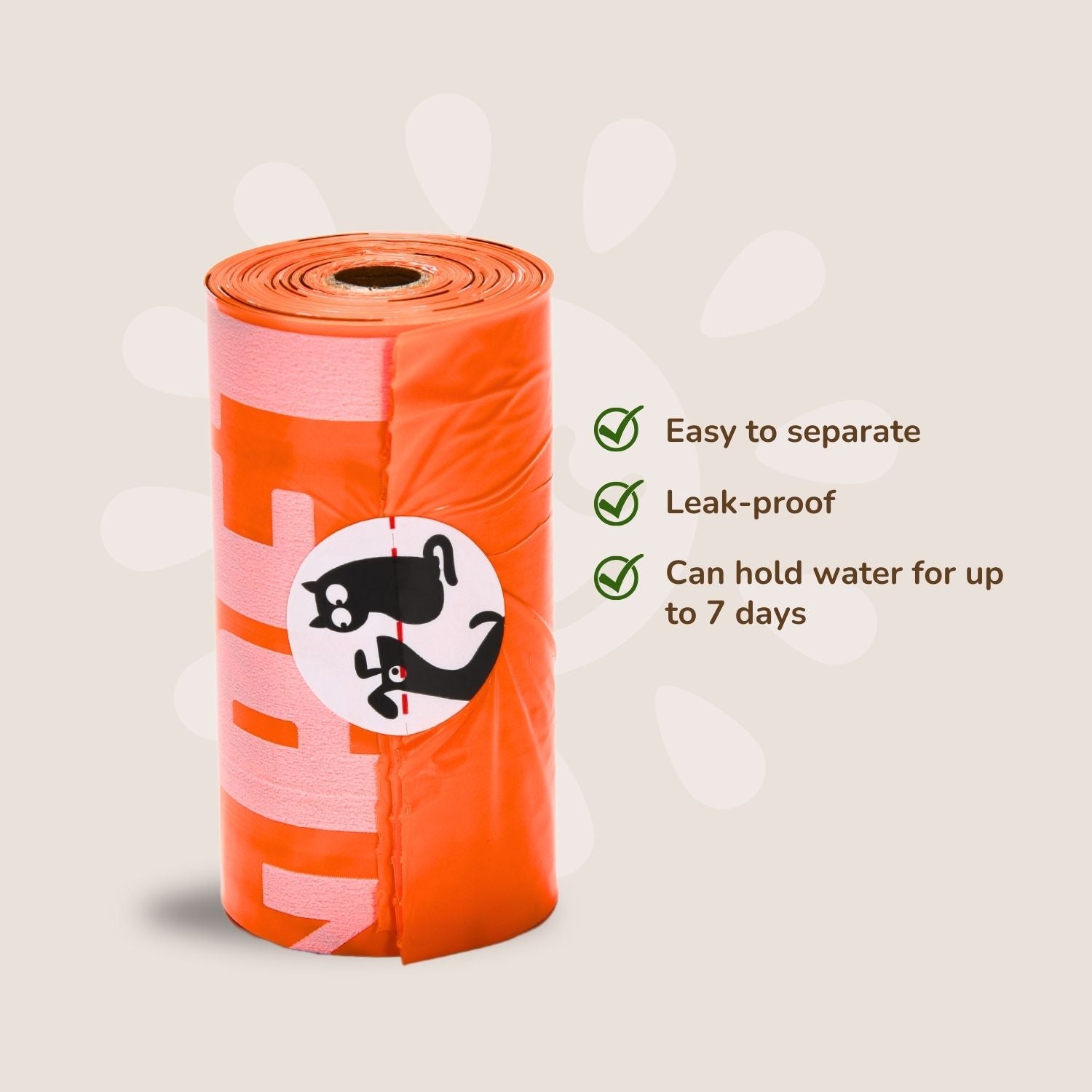 Roll of orange and pink pet waste bags with icons and text on a beige background