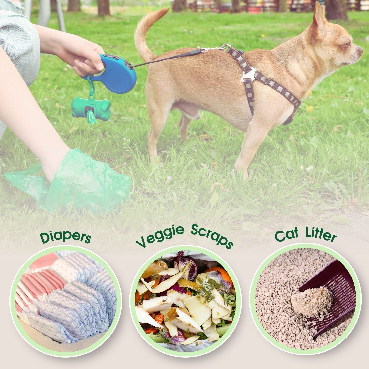 Dog on a leash with a person holding a blue object, surrounded by images of diapers, veggie scraps, and cat litter.