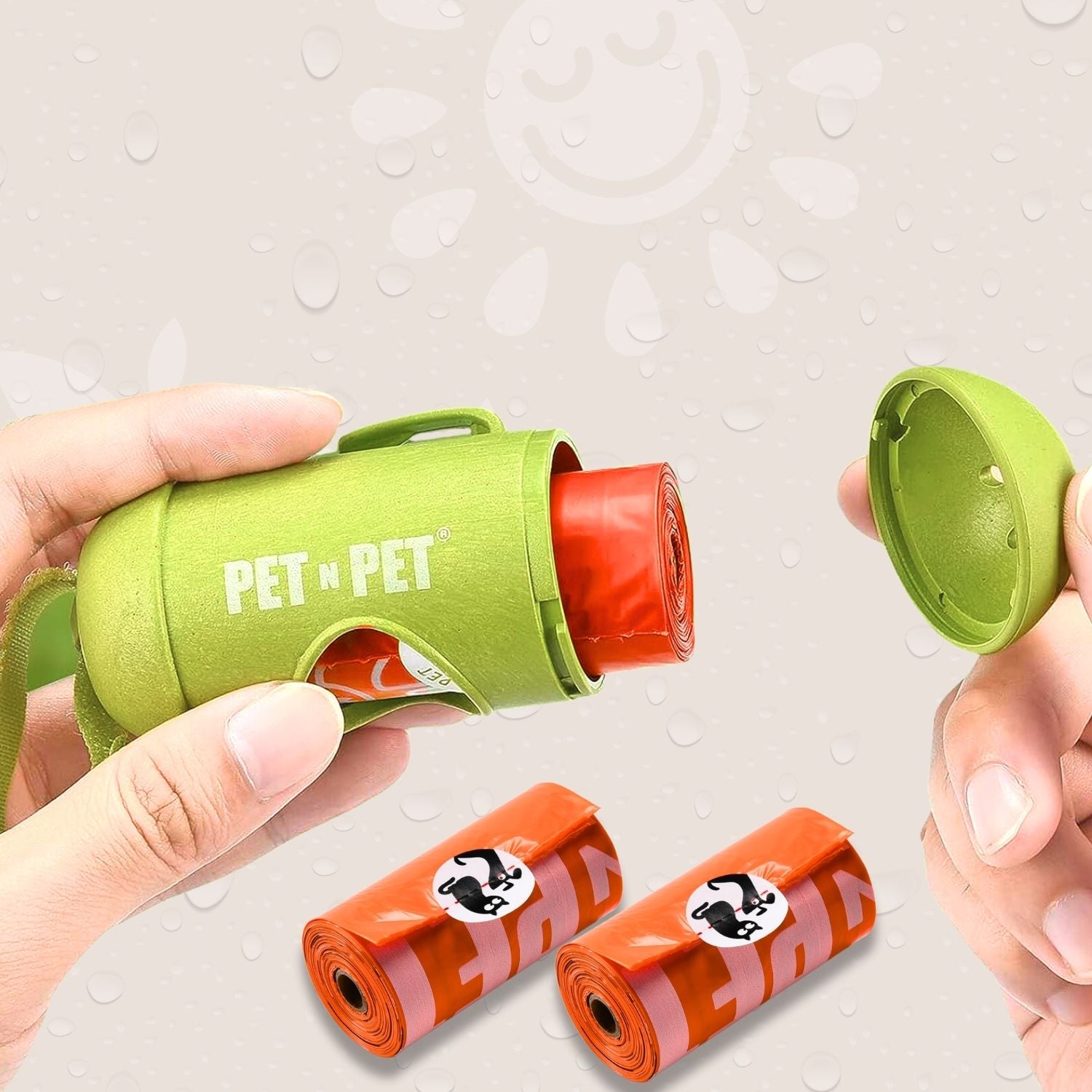 Green pet waste bag dispenser with red bags on a textured gray background