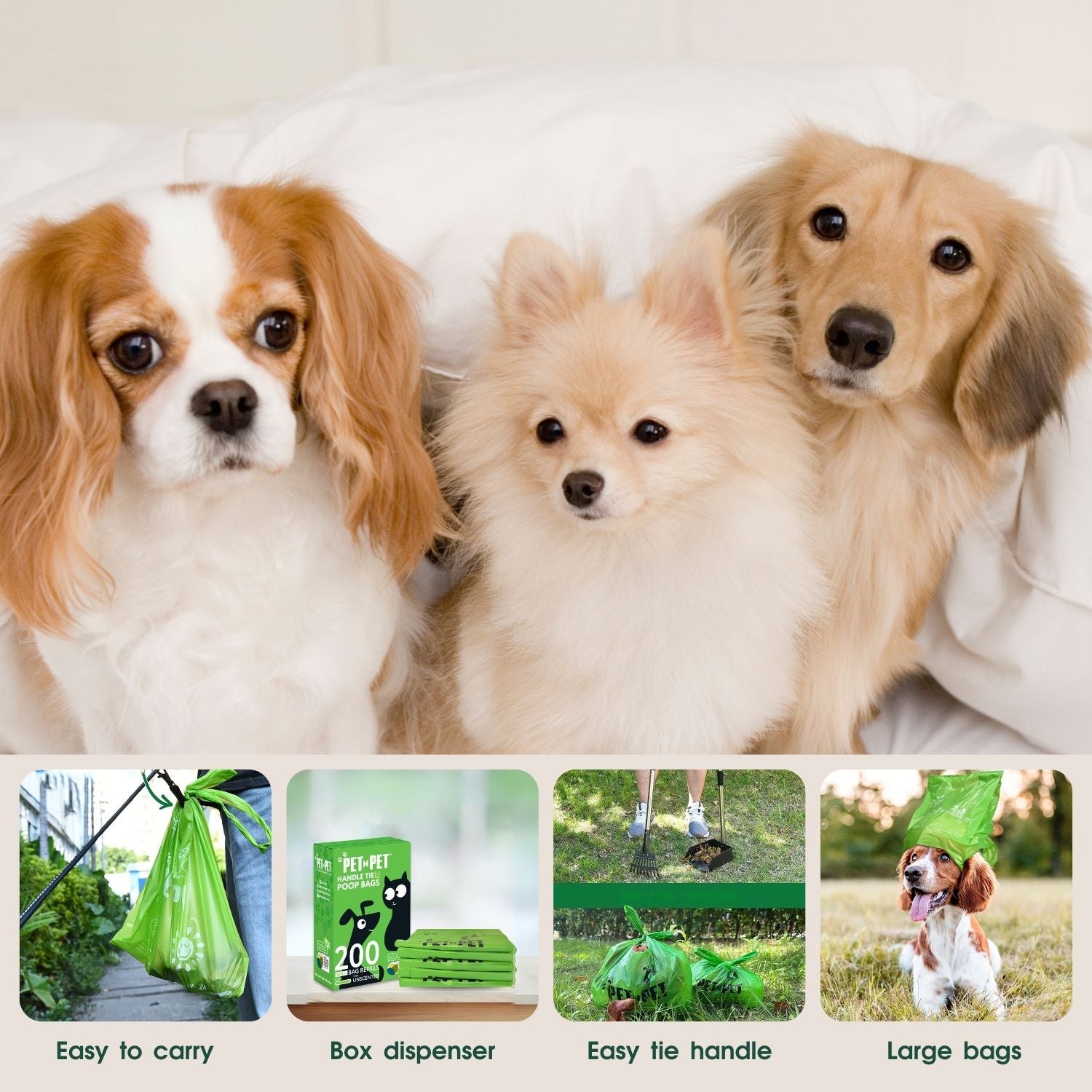 Three dogs with a product advertisement for dog waste bags, showing features like easy carrying, box dispenser, tie handle, and large bags.