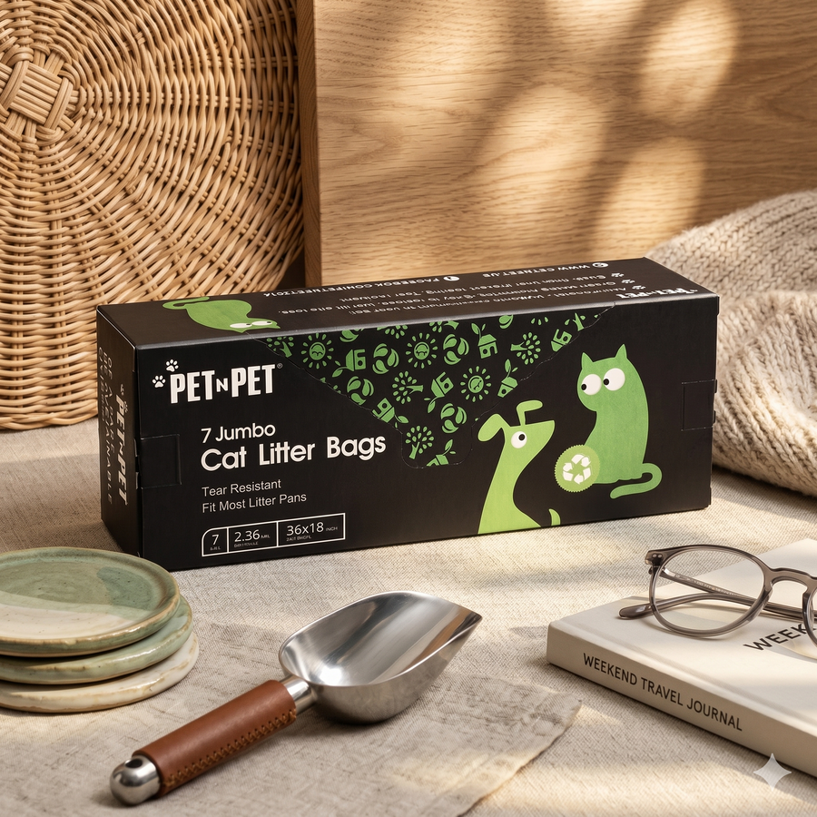 Box of PetnPet cat litter bags on a table with a scoop and book in the background