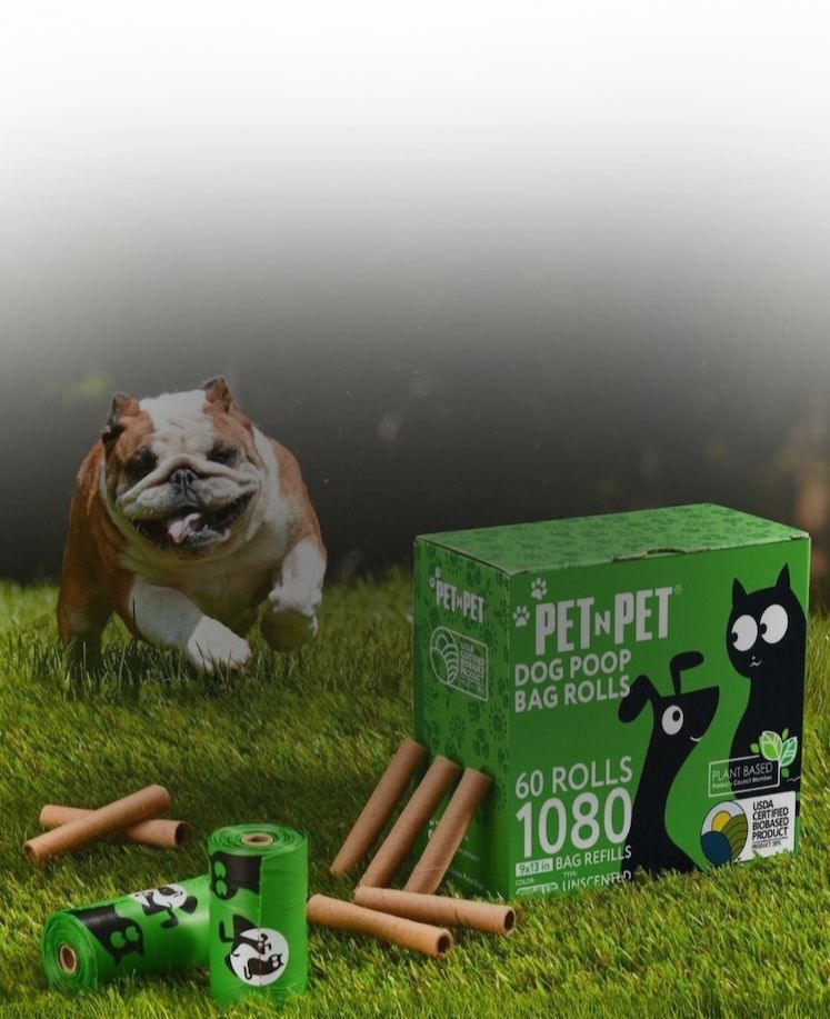 Pet N Pet dog poop bag rolls and packaging on grass with a bulldog in the background