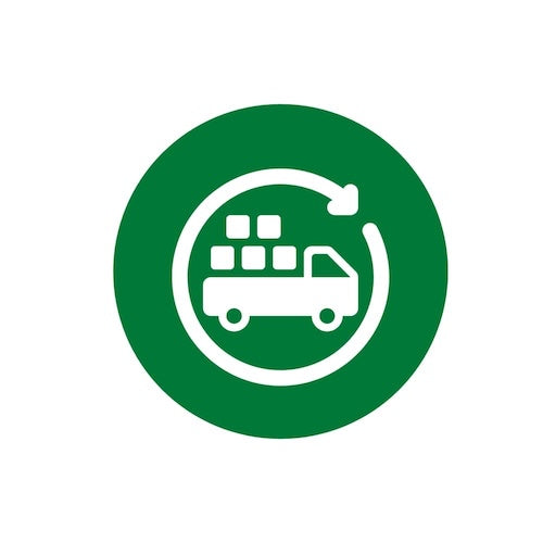 Green circle with a white icon of a truck and boxes on a white background