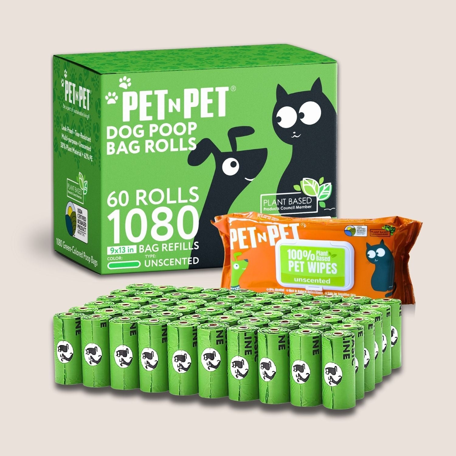 Pet N' Pet dog poop bag rolls and wipes on a light gray background