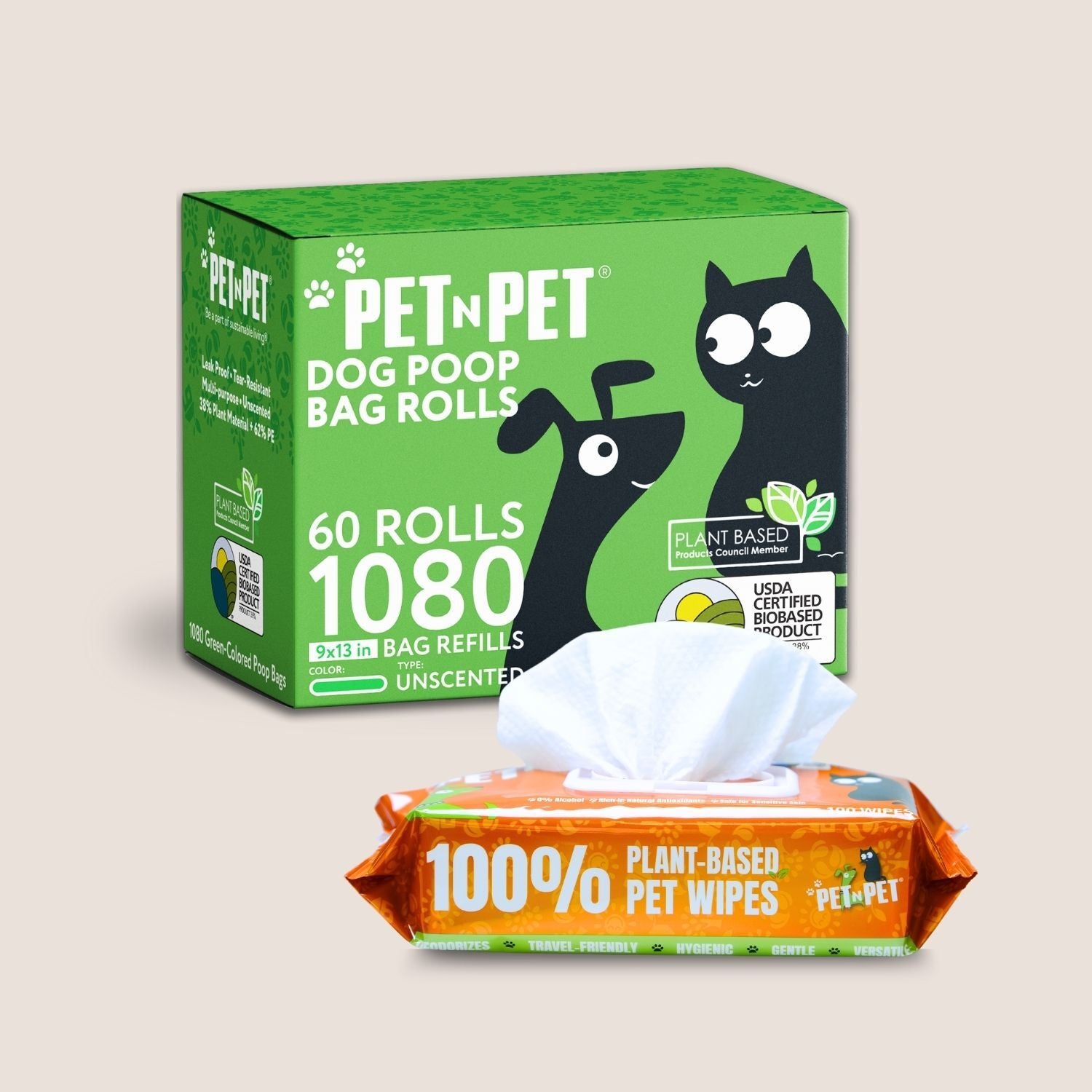 Box of Pet 'N Pet dog poop bag rolls and a package of plant-based pet wipes on a beige background