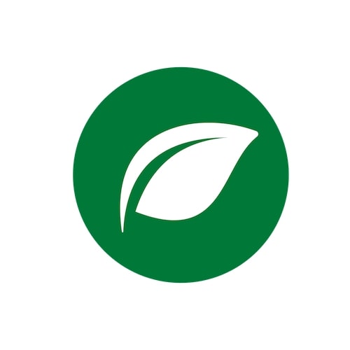 Green circle with a white leaf symbol on a white background