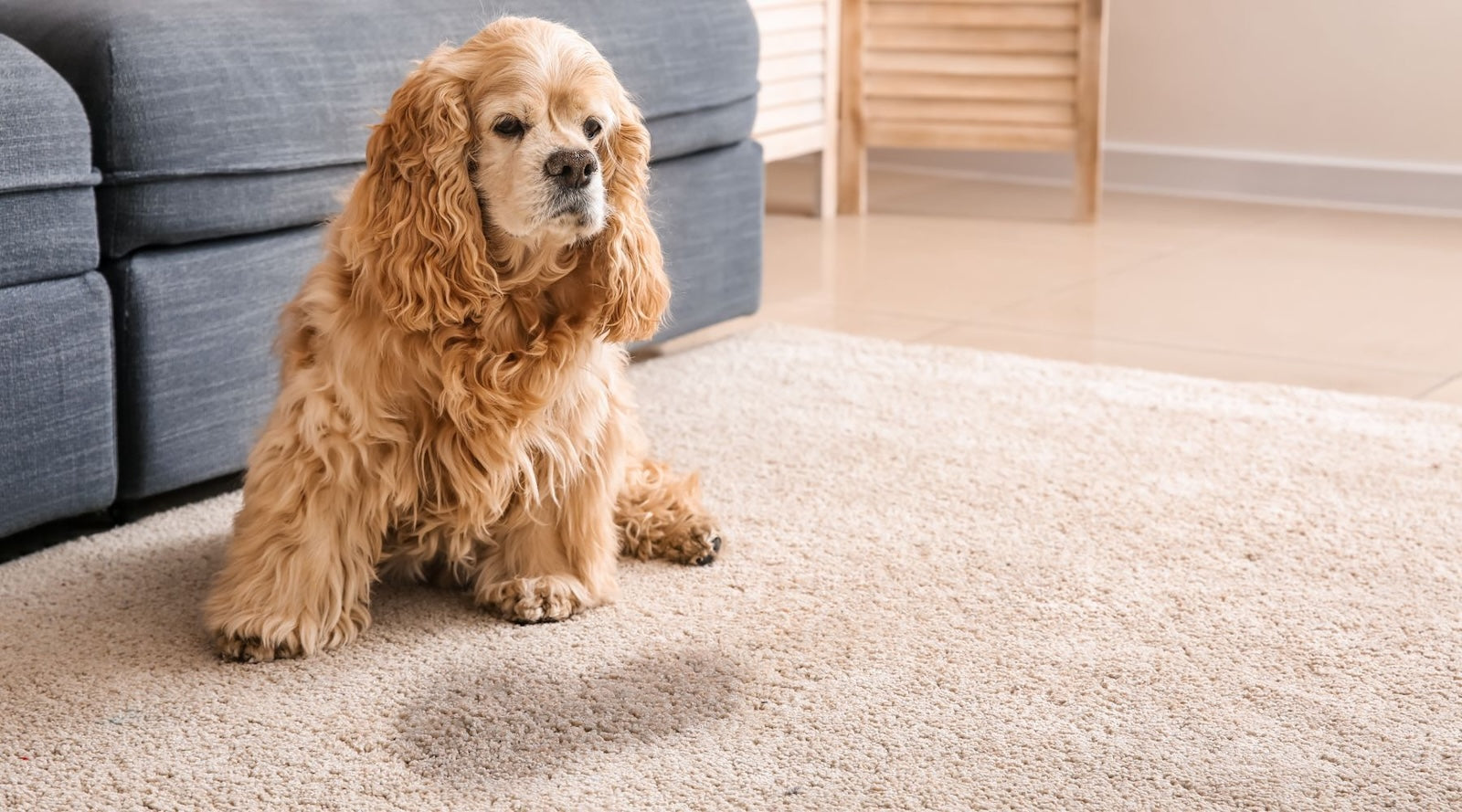 Golden Cocker Spaniel sitting on a light-colored carpet next to a wet urine stain, looking guilty or sad inside a modern living room.