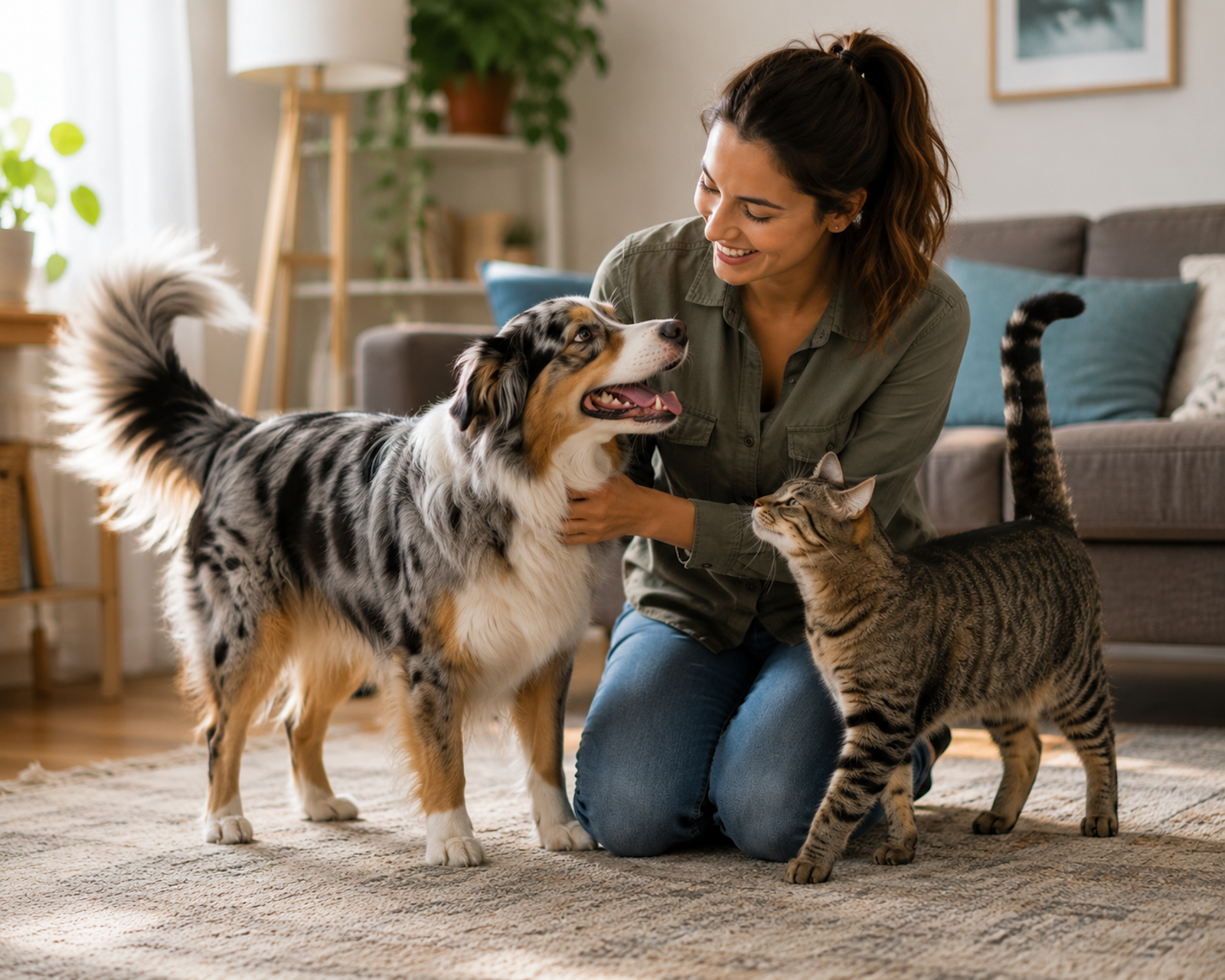 Pet owner bonding with dog and cat indoors showing relaxed body language