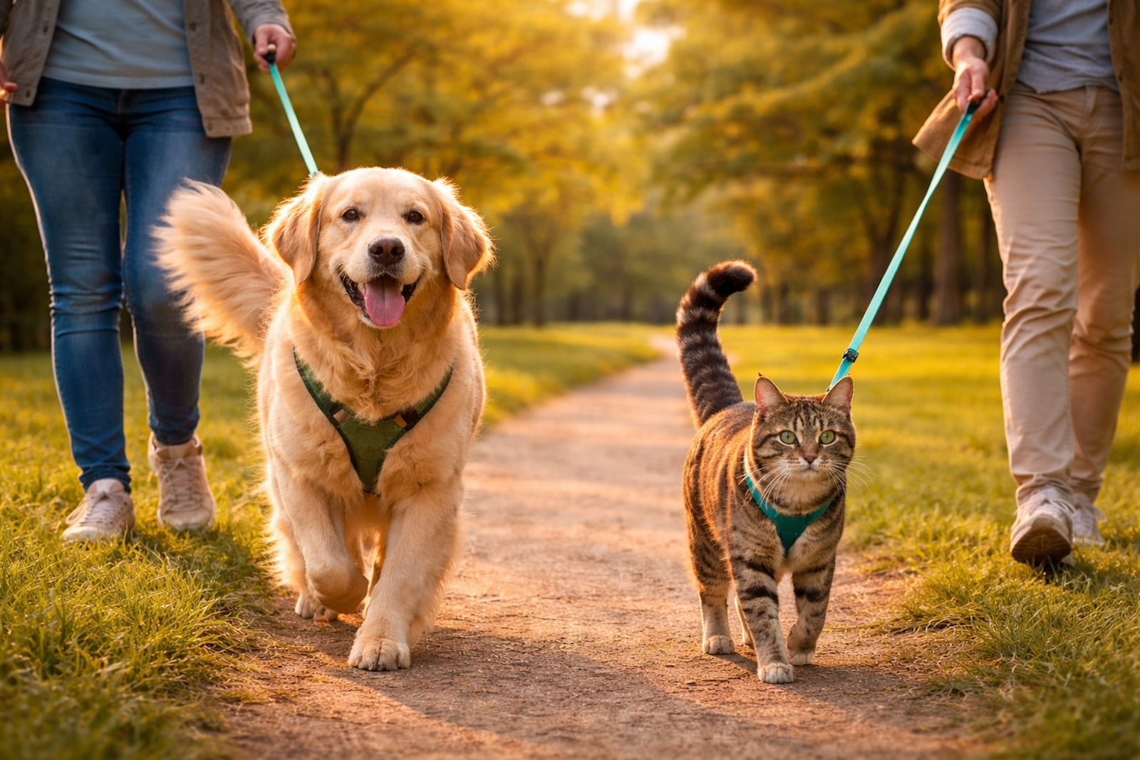 Dog and cat enjoying their daily walk with owners in a park