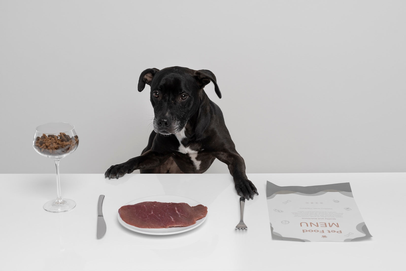 A black dog sitting at a table with a plate of raw meat and a wine glass filled with dry dog food, looking at a menu labeled “Pet Food Menu.” The dog appears to be contemplating its meal options.