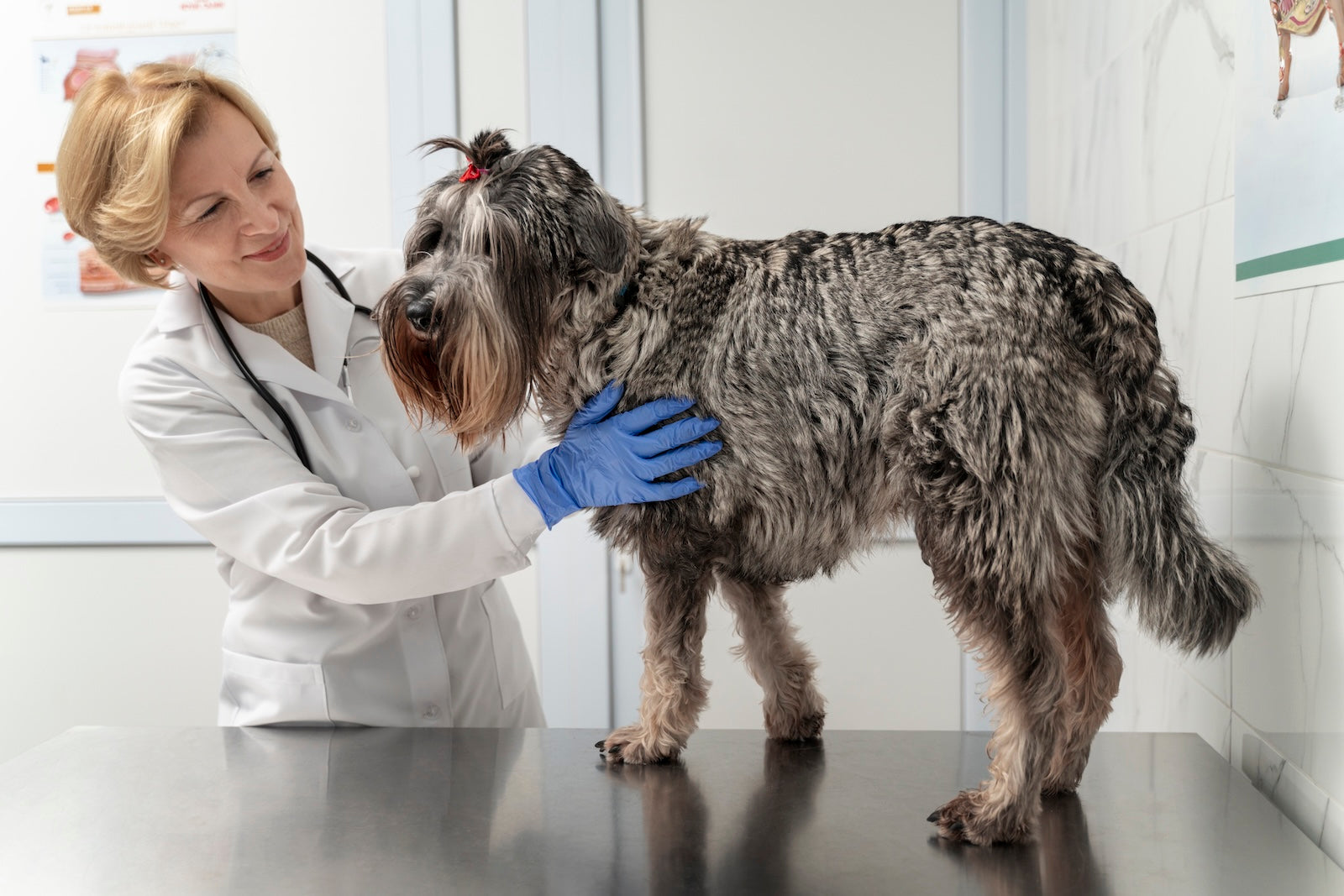 A veterinarian gently examining a dog during a clinic visit, illustrating the importance of professional guidance when deciding the right time to spay or neuter a pet.