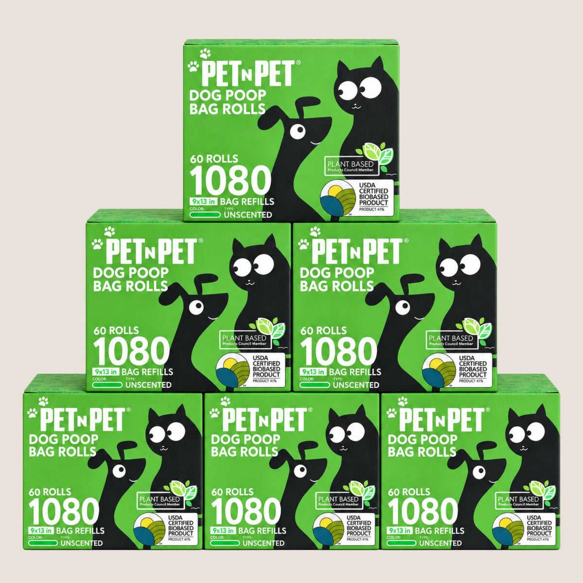 A pyramid arrangement of seven PET|PET Dog Poop Bag Rolls boxes on a light beige background. The boxes are bright green with a black cartoon cat, white text, and a small plant logo.