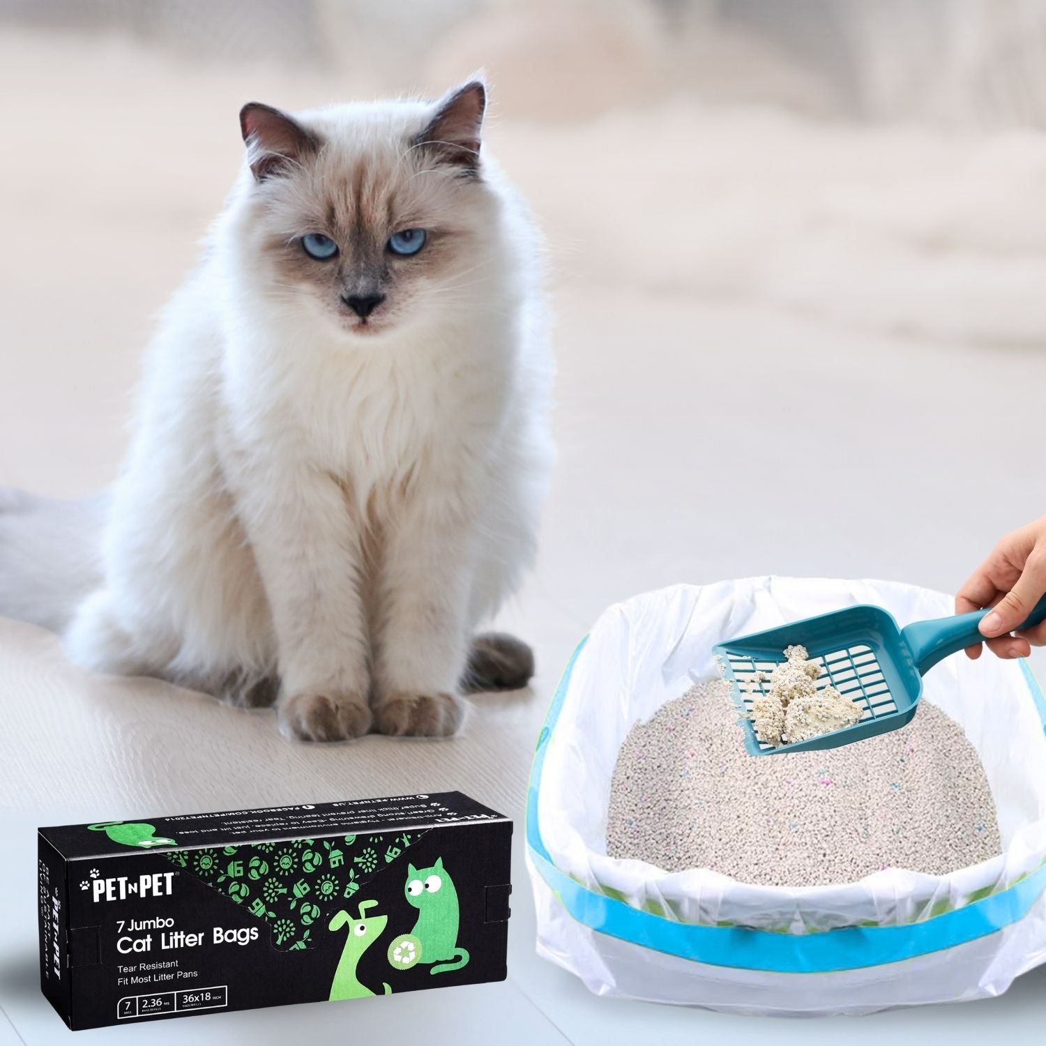 Cat sitting next to a box of cat litter bags, a scoop, and a litter box.