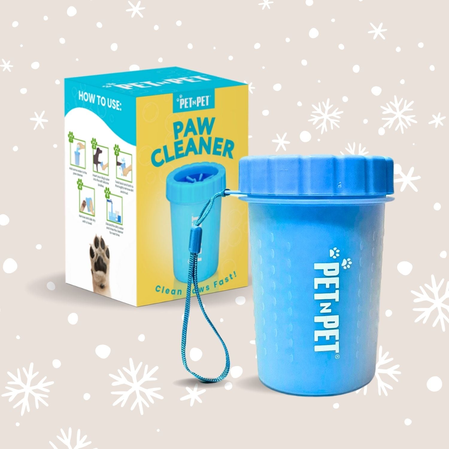 Blue pet paw cleaner with packaging on a light background
