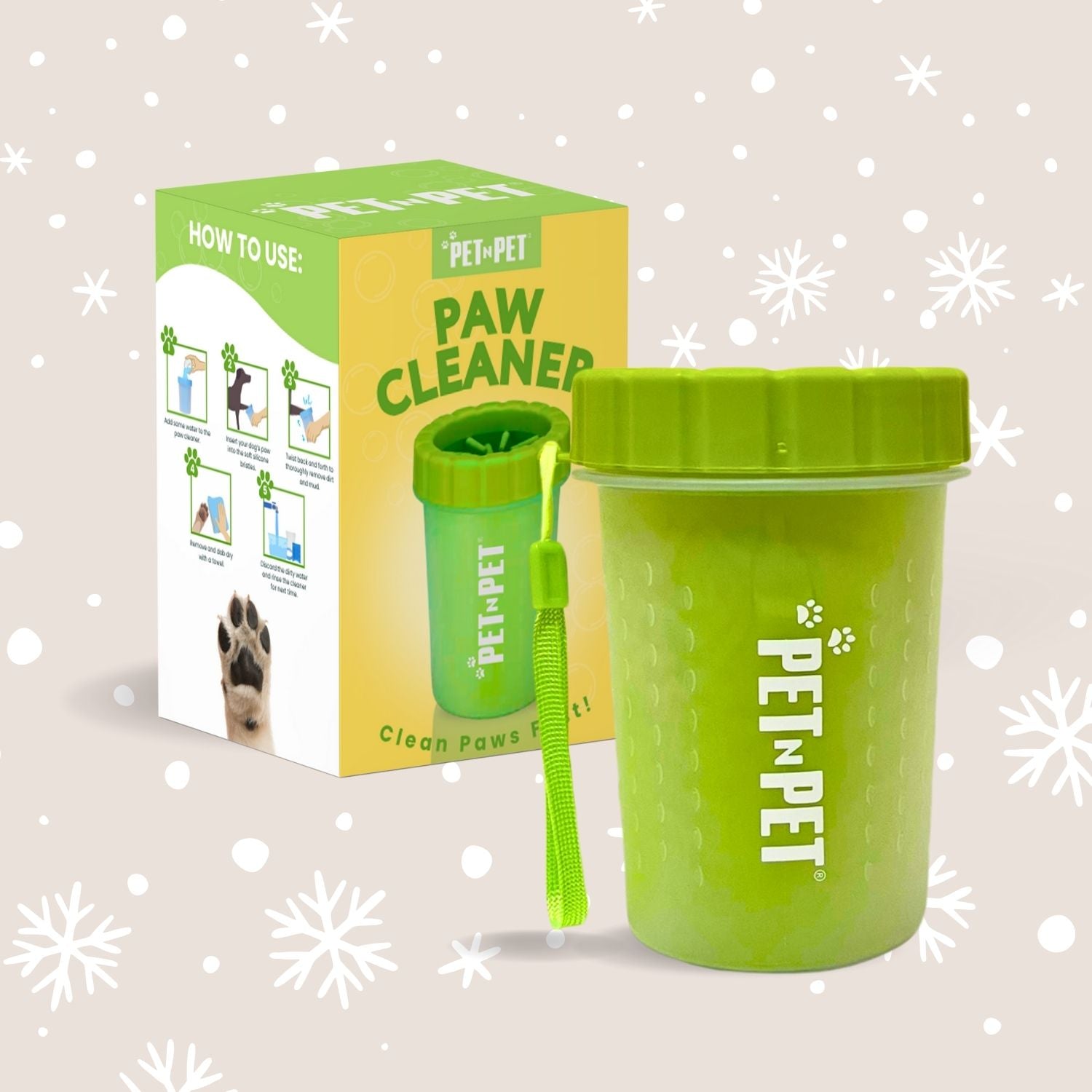 Green paw cleaner with packaging on a light background