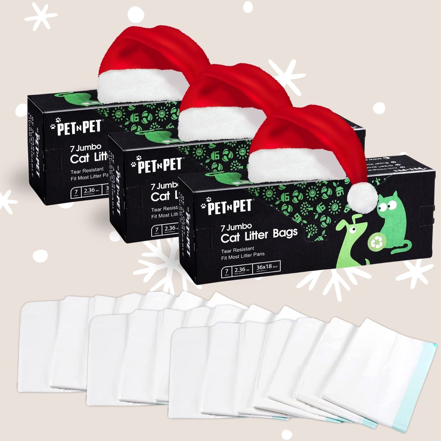 Cat litter packaging with Santa hats on a beige background