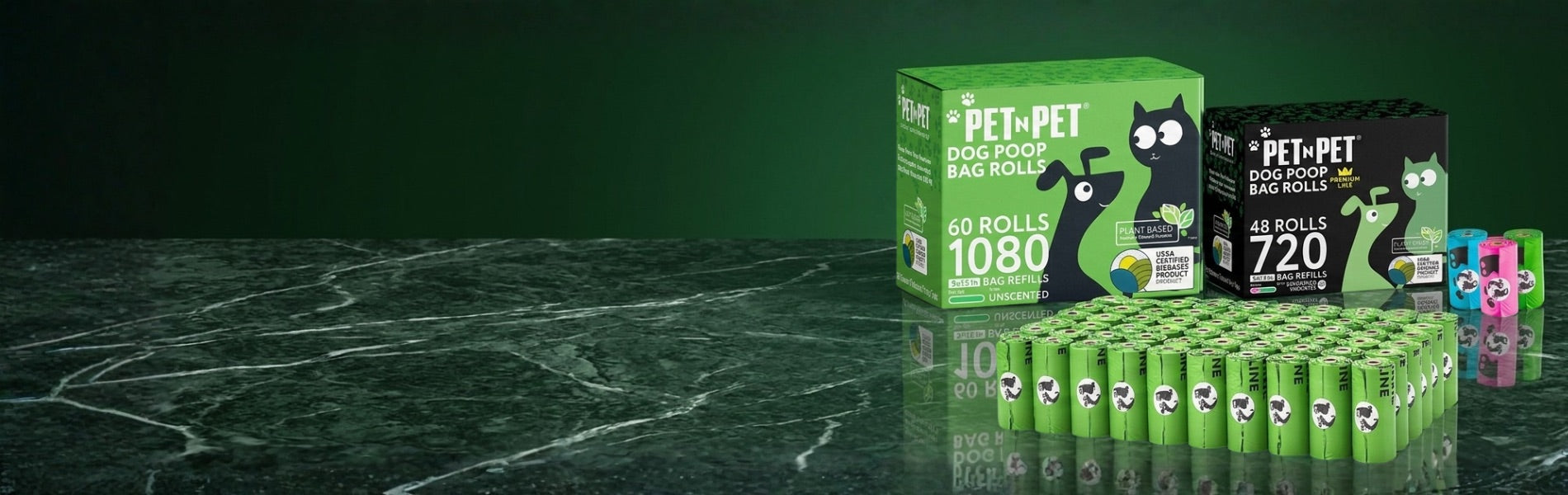 Green boxes of PetNPet dog rolls on a dark marble surface with a green background.