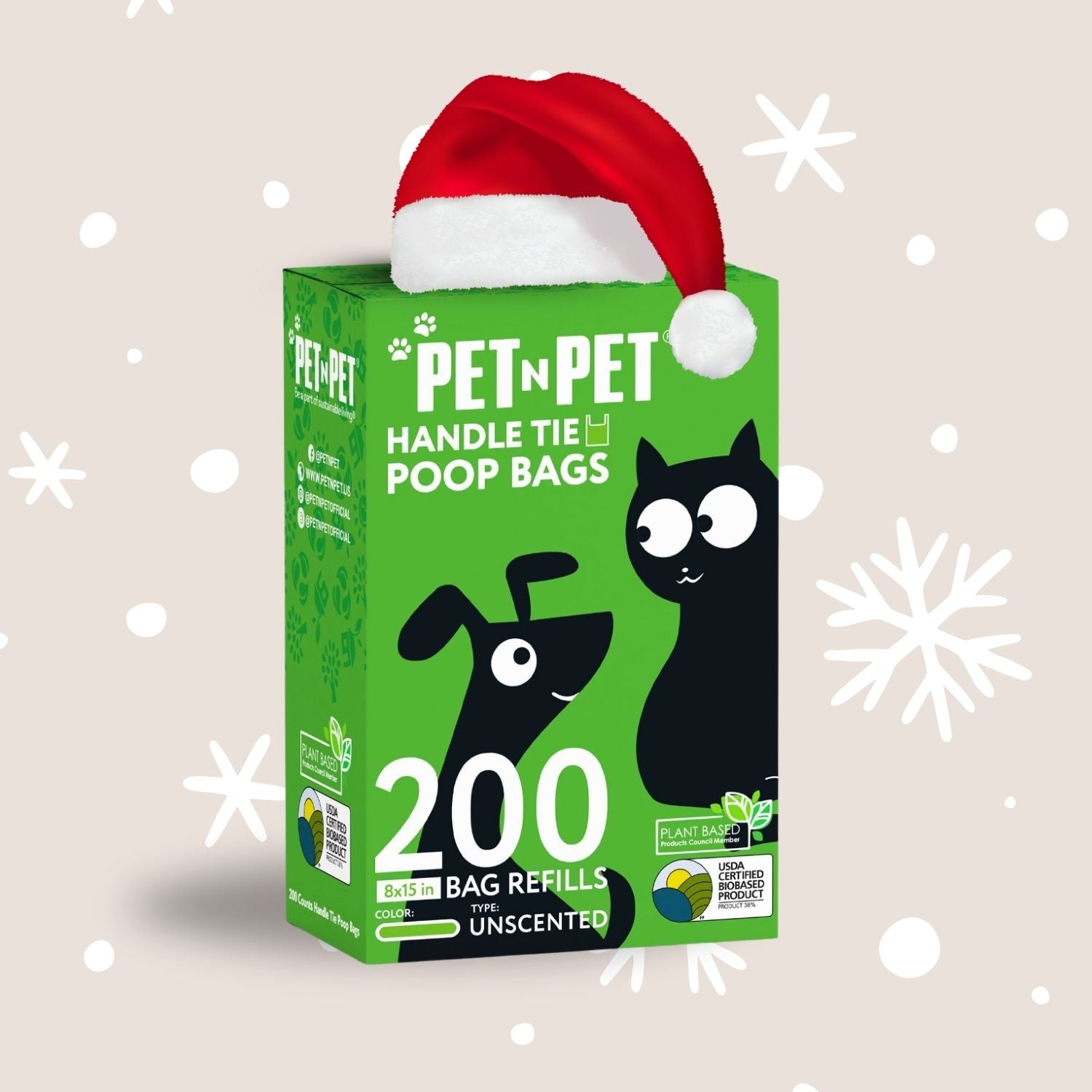 Box of Pet N Pet poop bags with a Santa hat on a light beige background with snowflakes.