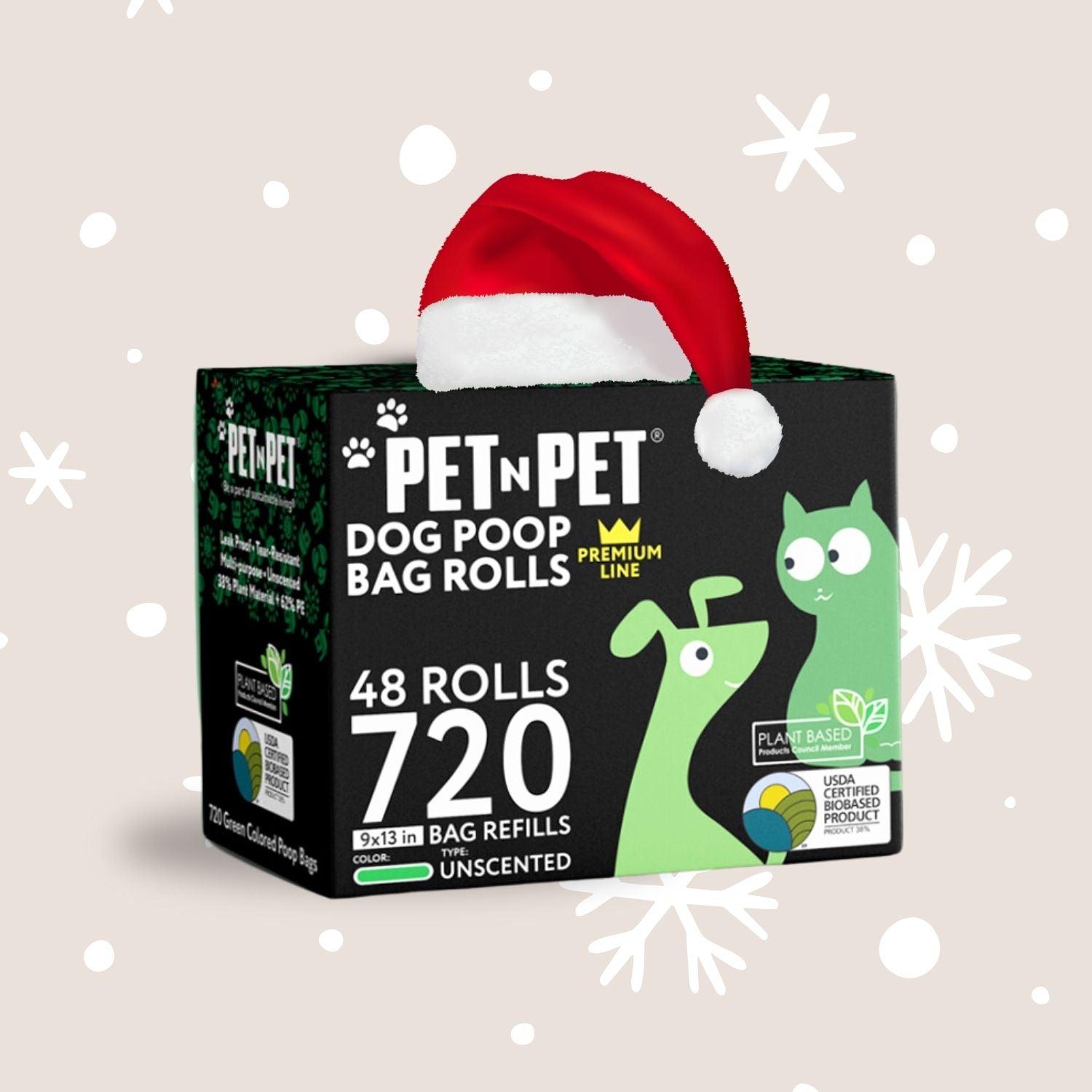 Box of Pet N Pet dog poop bag rolls with a Santa hat on a beige background with snowflakes.