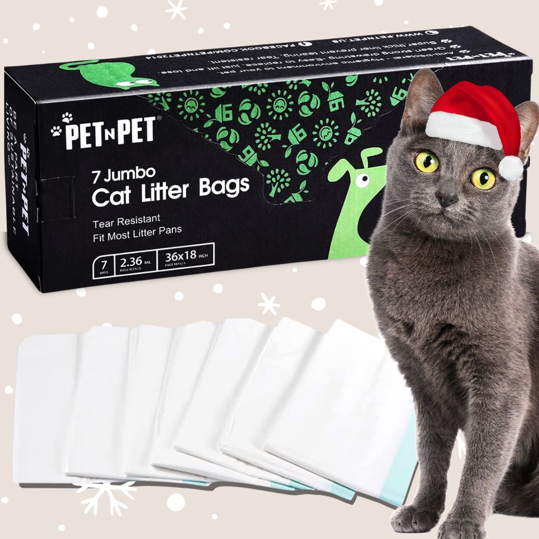Cat litter bags with a box labeled 'Pet n Pet' and a cat wearing a Santa hat.