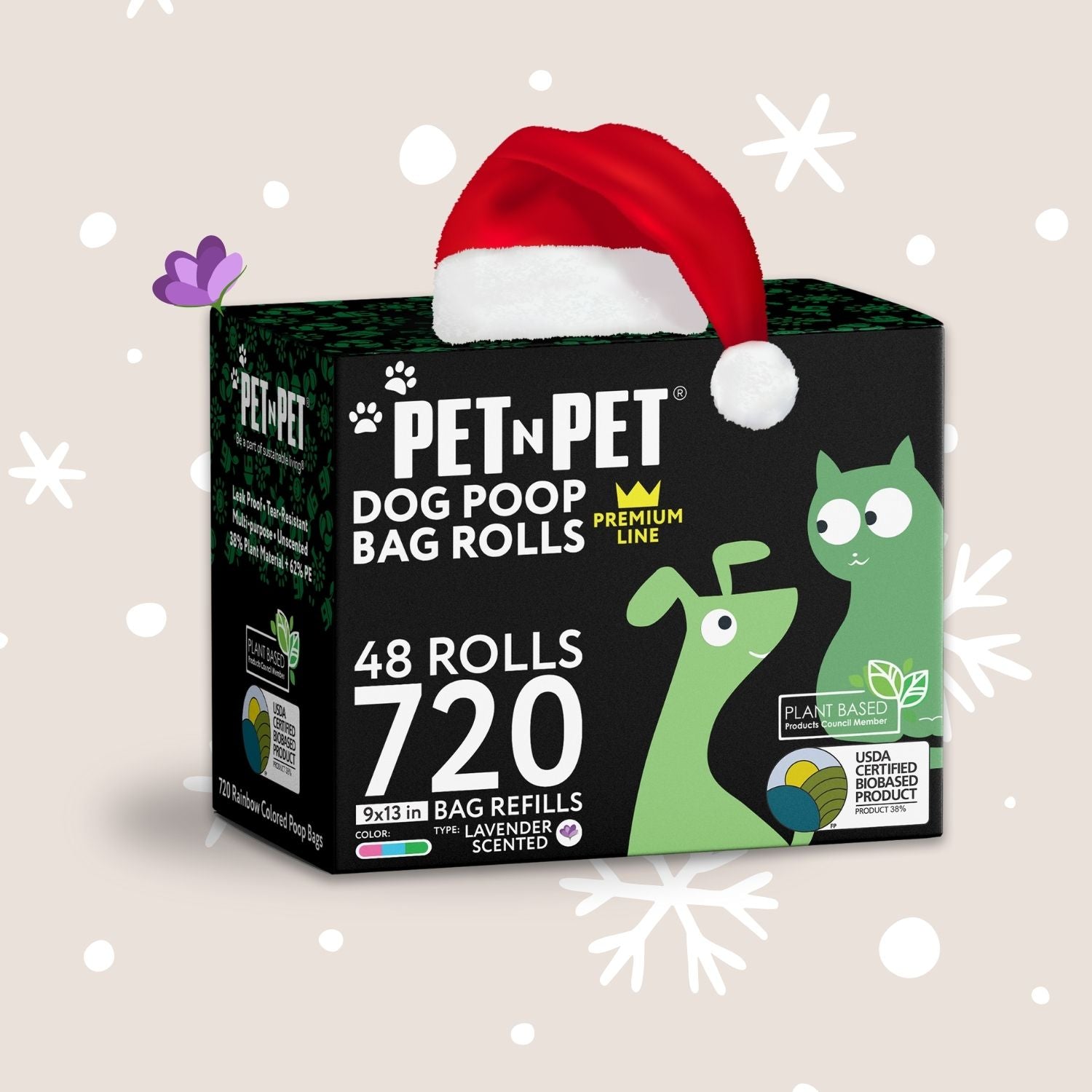 Pet N Pet dog poop bag rolls holiday product image featuring a black 48 roll box with 720 lavender scented bags, topped with a Santa hat on a beige festive background with snowflakes.