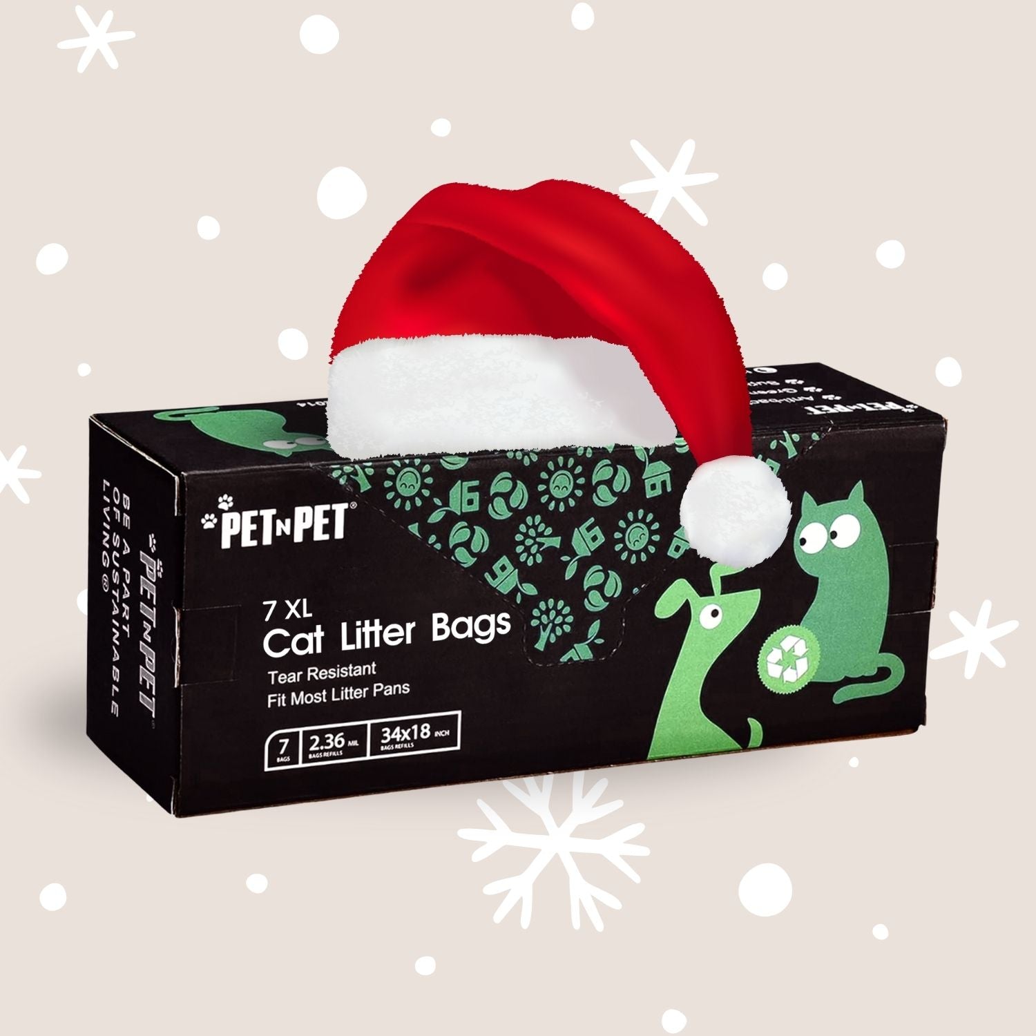 Box of cat litter bags with a Santa hat on a light background