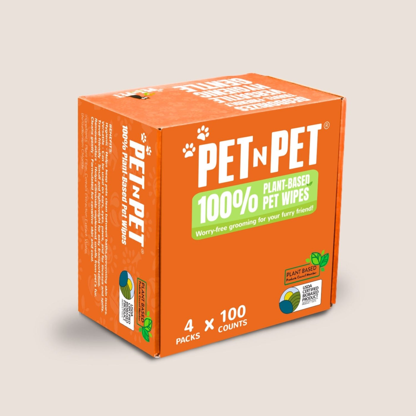 Box of Pet N Pet plant-based pet wipes on a beige background