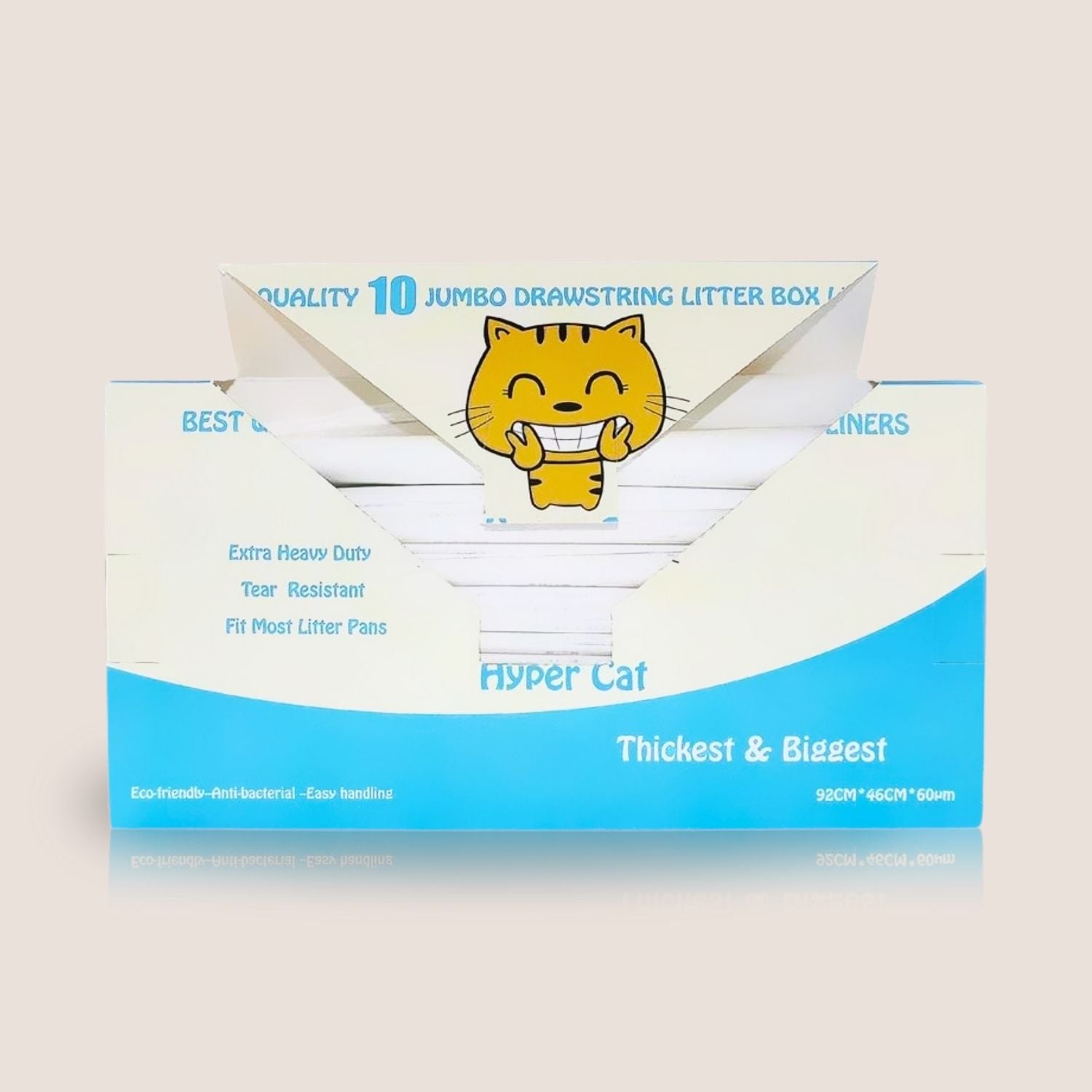 Package of Hyper Cat litter box liners with a cartoon cat on the packaging.