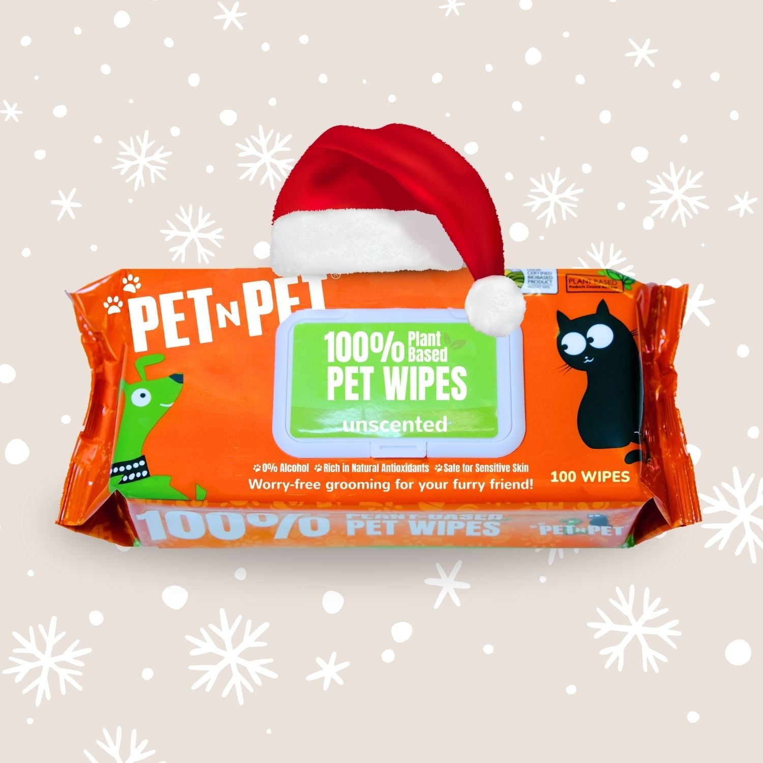 Pack of Pet N Pet wipes with a Santa hat on a light background with snowflakes