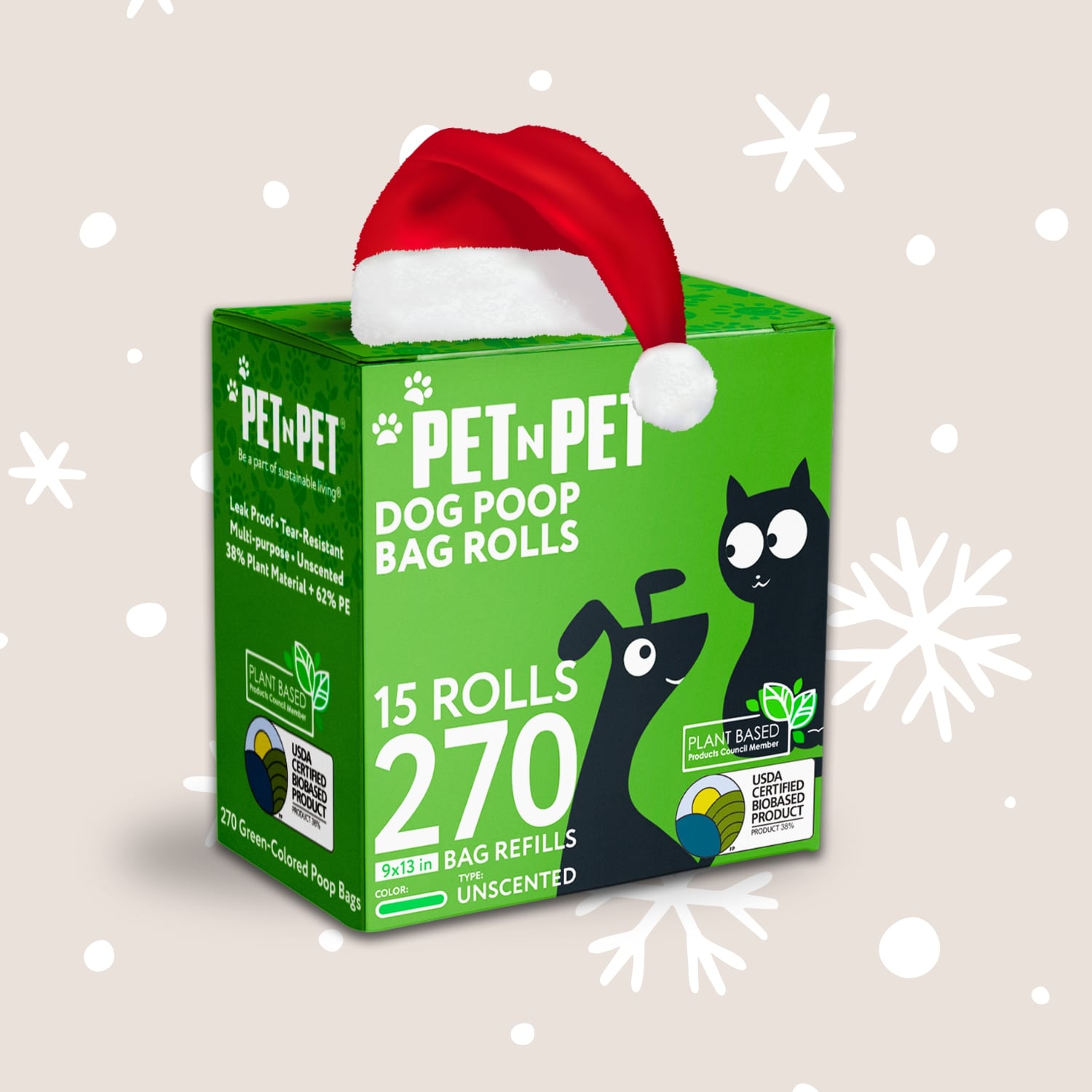 Box of Pet 'n Pet dog poop bag rolls with a Santa hat on a beige background with snowflakes.