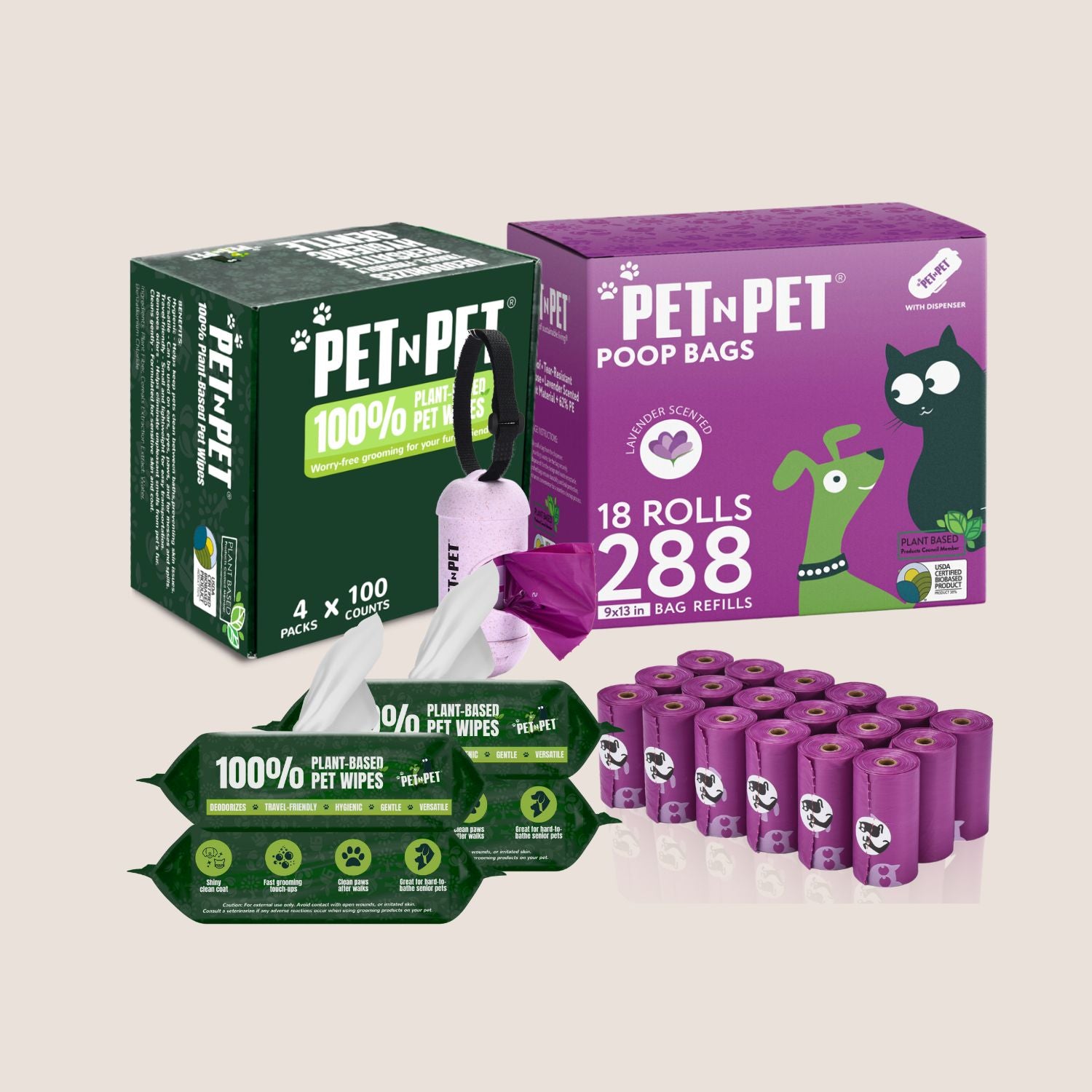 Pet-N-Pet poop bags and wipes packaging on a light gray background