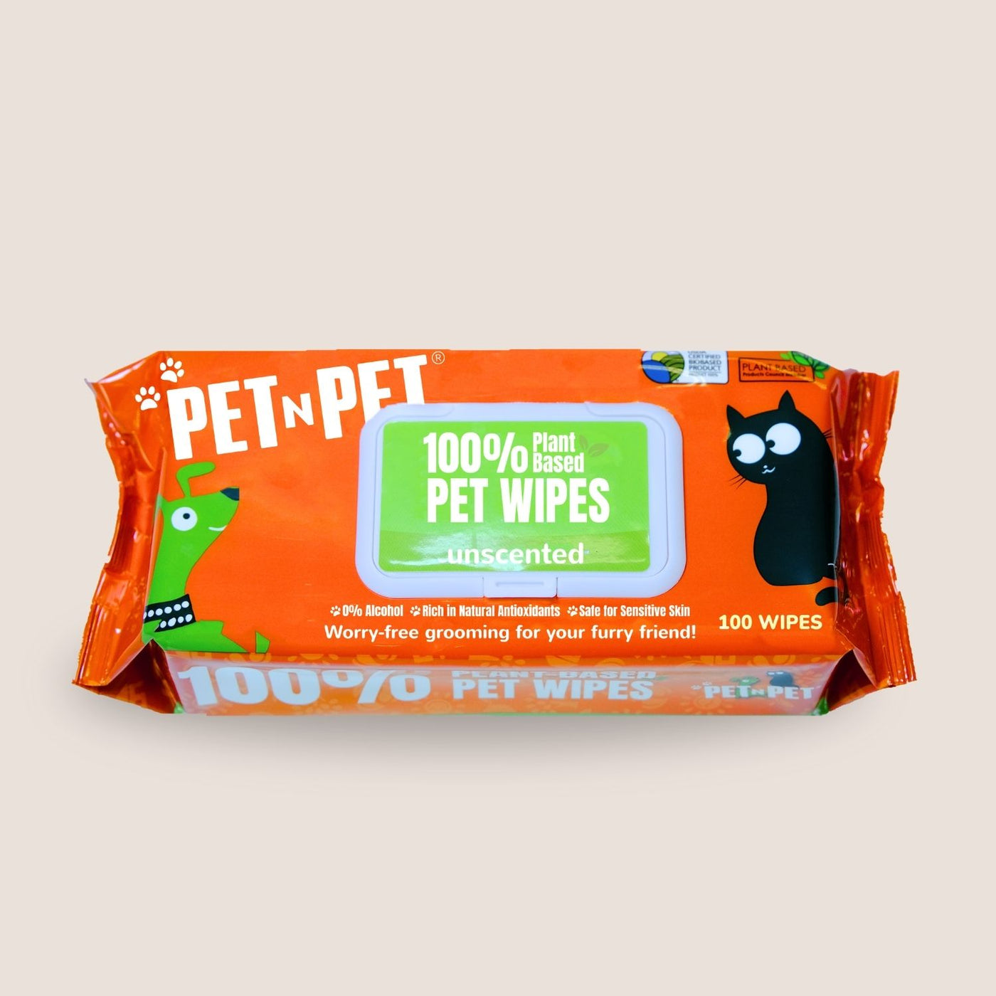 Pack of PET N PET plant-based pet wipes on a beige background