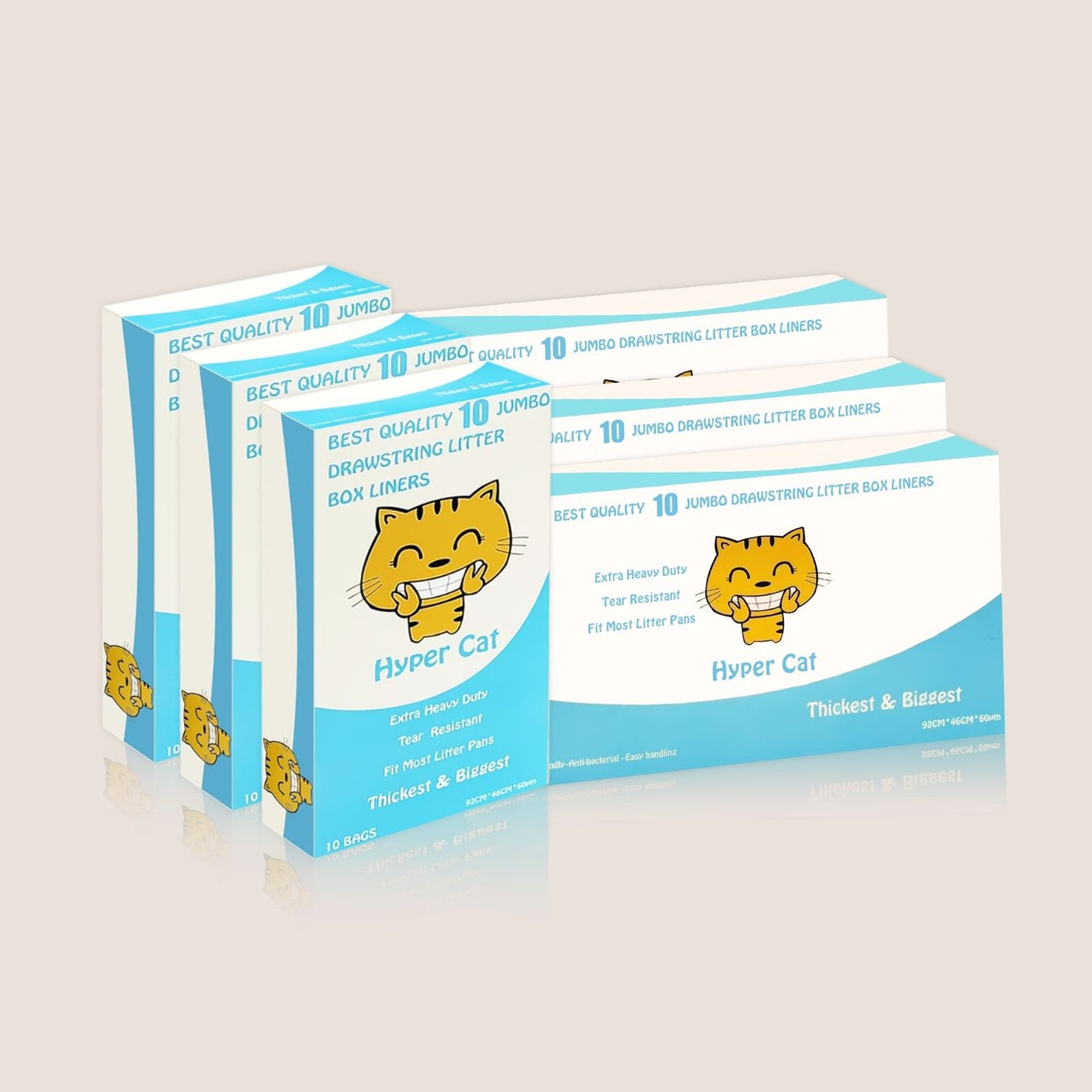 Multiple boxes of Hyper Cat litter box liners on a light gray background