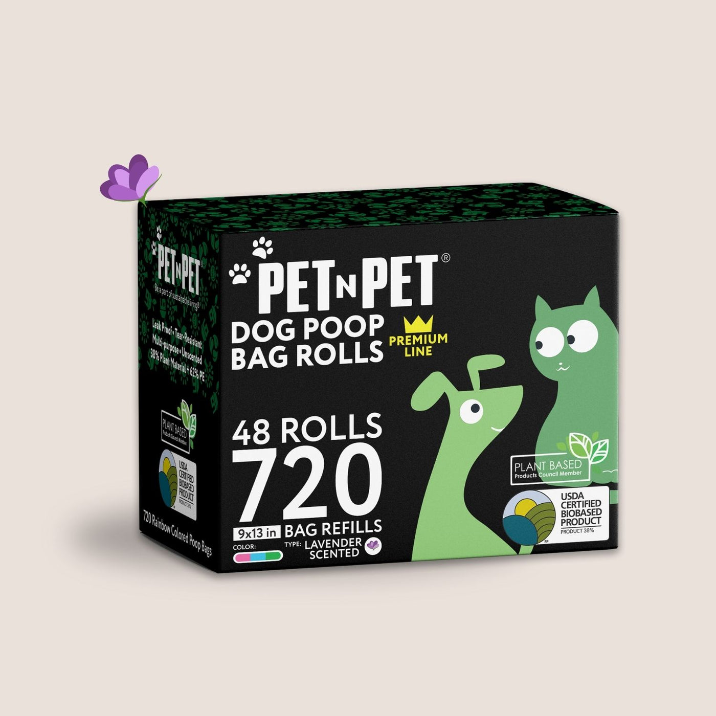 Box of Pet N Pet dog poop bag rolls on a beige background