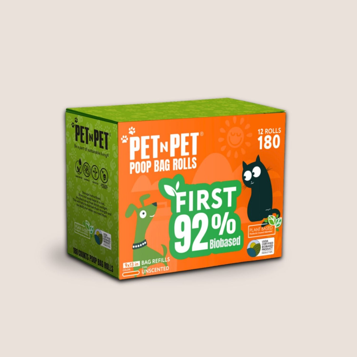 Box of Pet N Pet poop bag rolls with green and orange design on a beige background