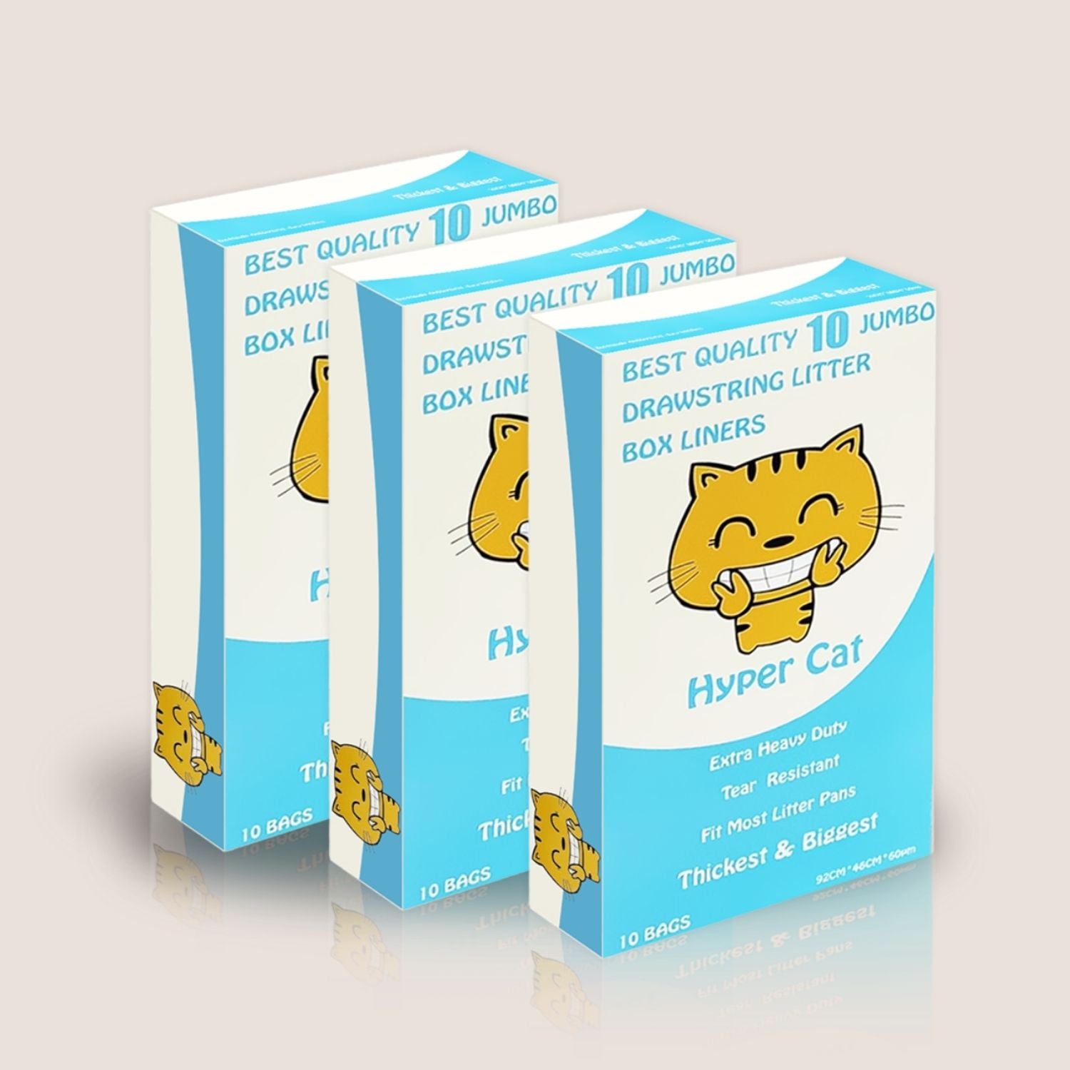 Three boxes of Hyper Cat Best Quality Jumbo Drawstring Litter Box Liners on a light gray background