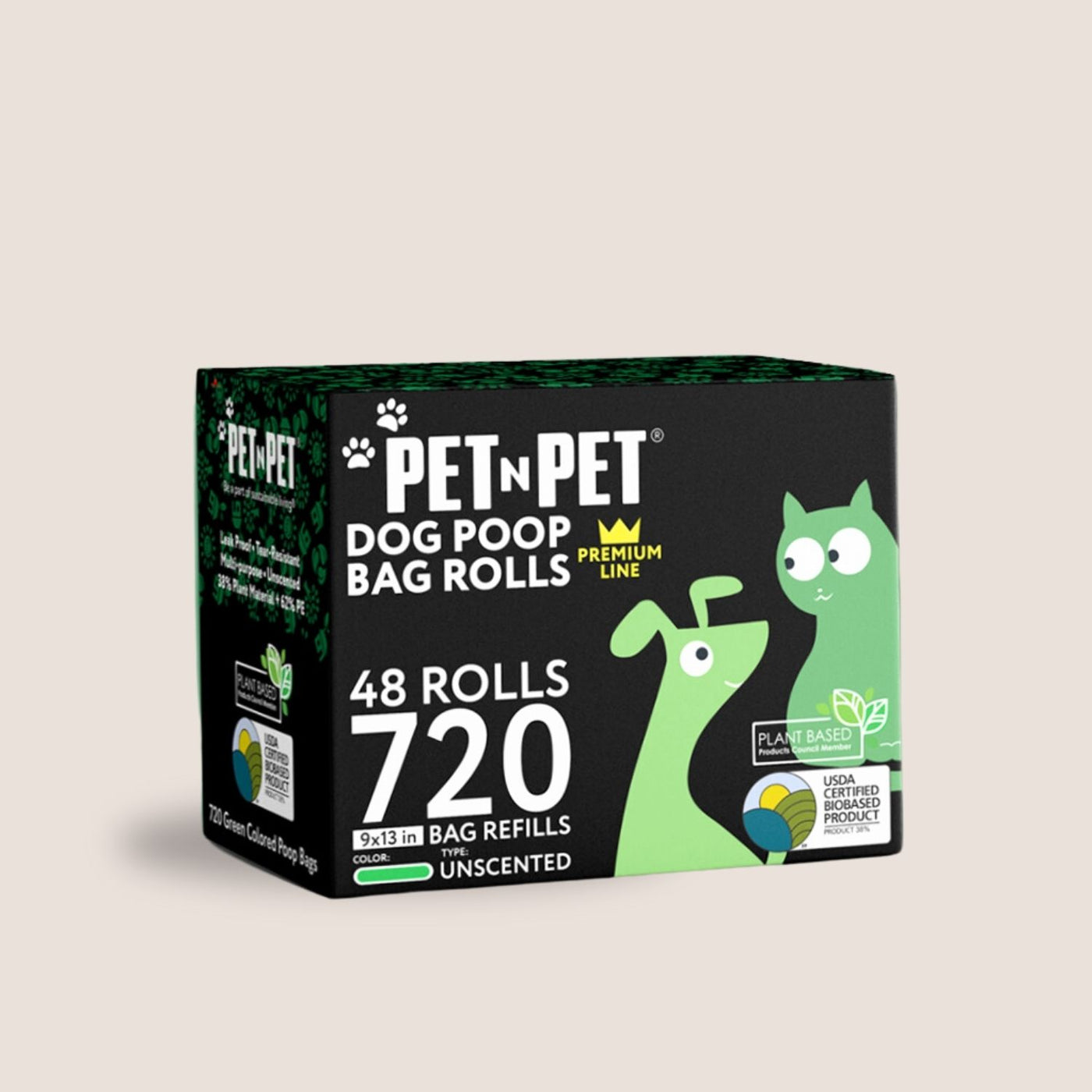 Box of Pet N Pet dog poop bag rolls on a beige background