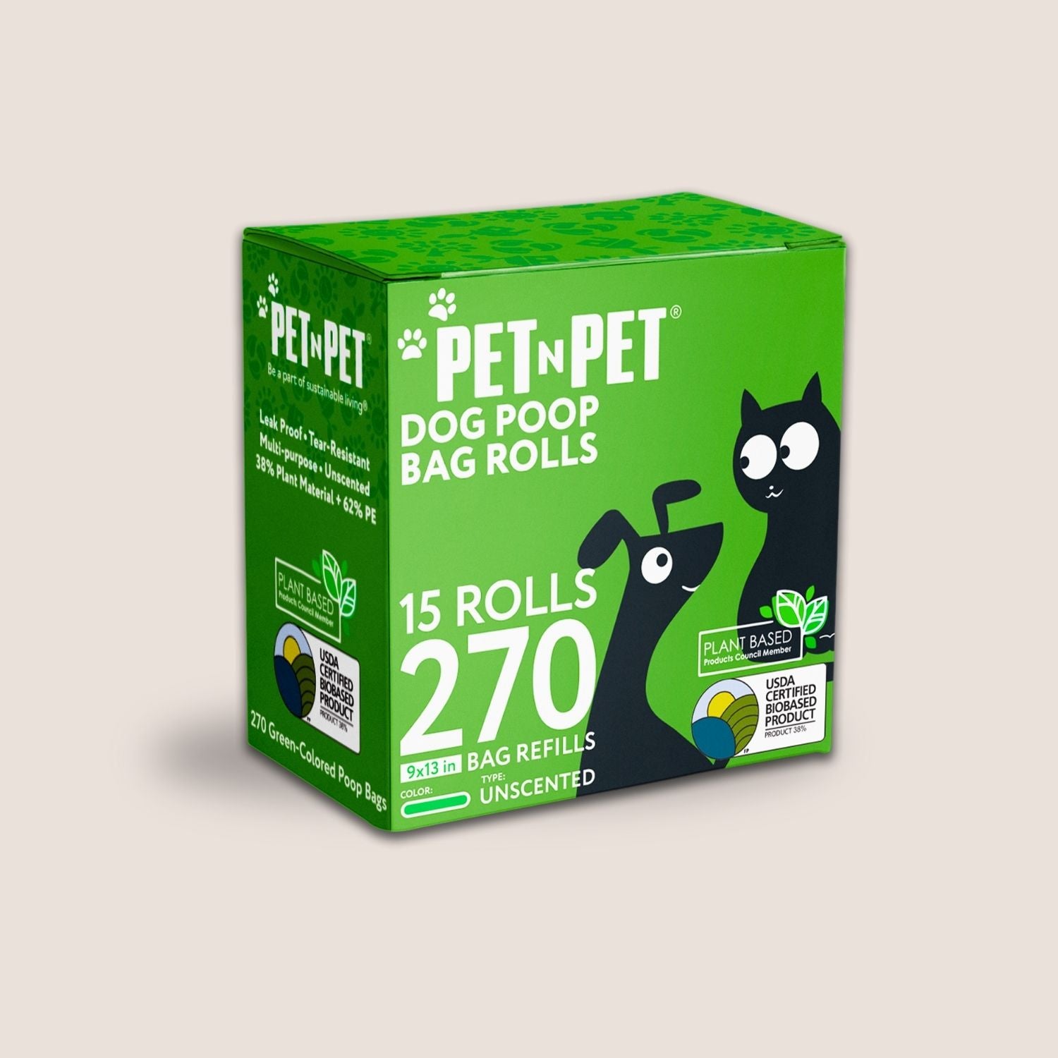 Box of Pet 'N Pet dog poop bag rolls on a beige background