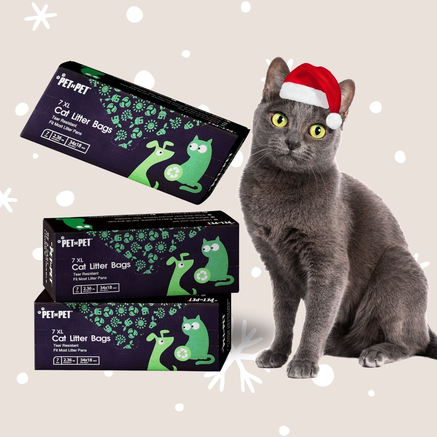 Cat with a Santa hat next to boxes of Pet-Pet cat litter bags on a light background
